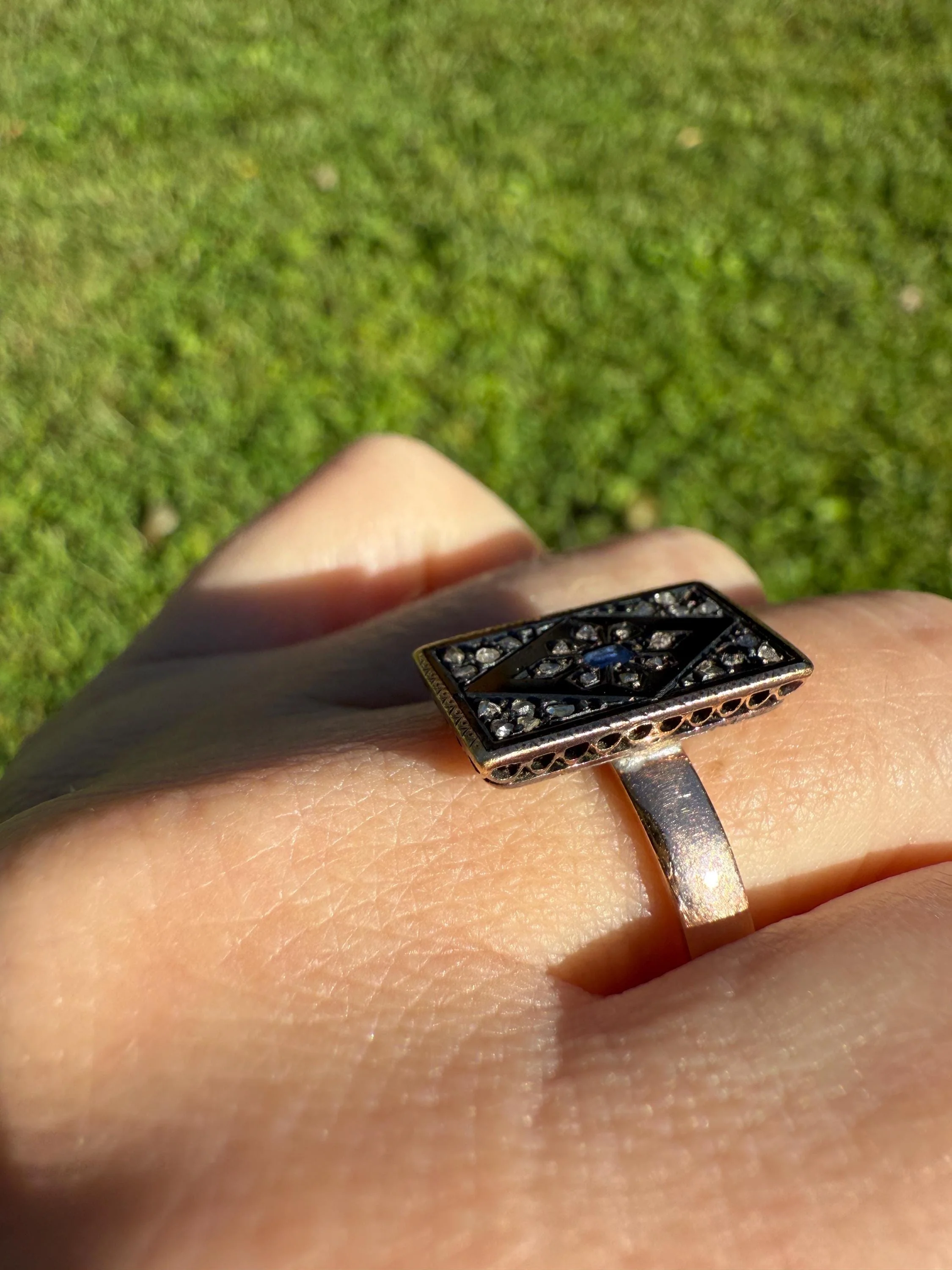Antique Blue SAPPHIRE Rose Cut DIAMOND Black Enamel 14k Rosy Gold Plaque Ring Floral Geometric Rectangular Panel - Image 5