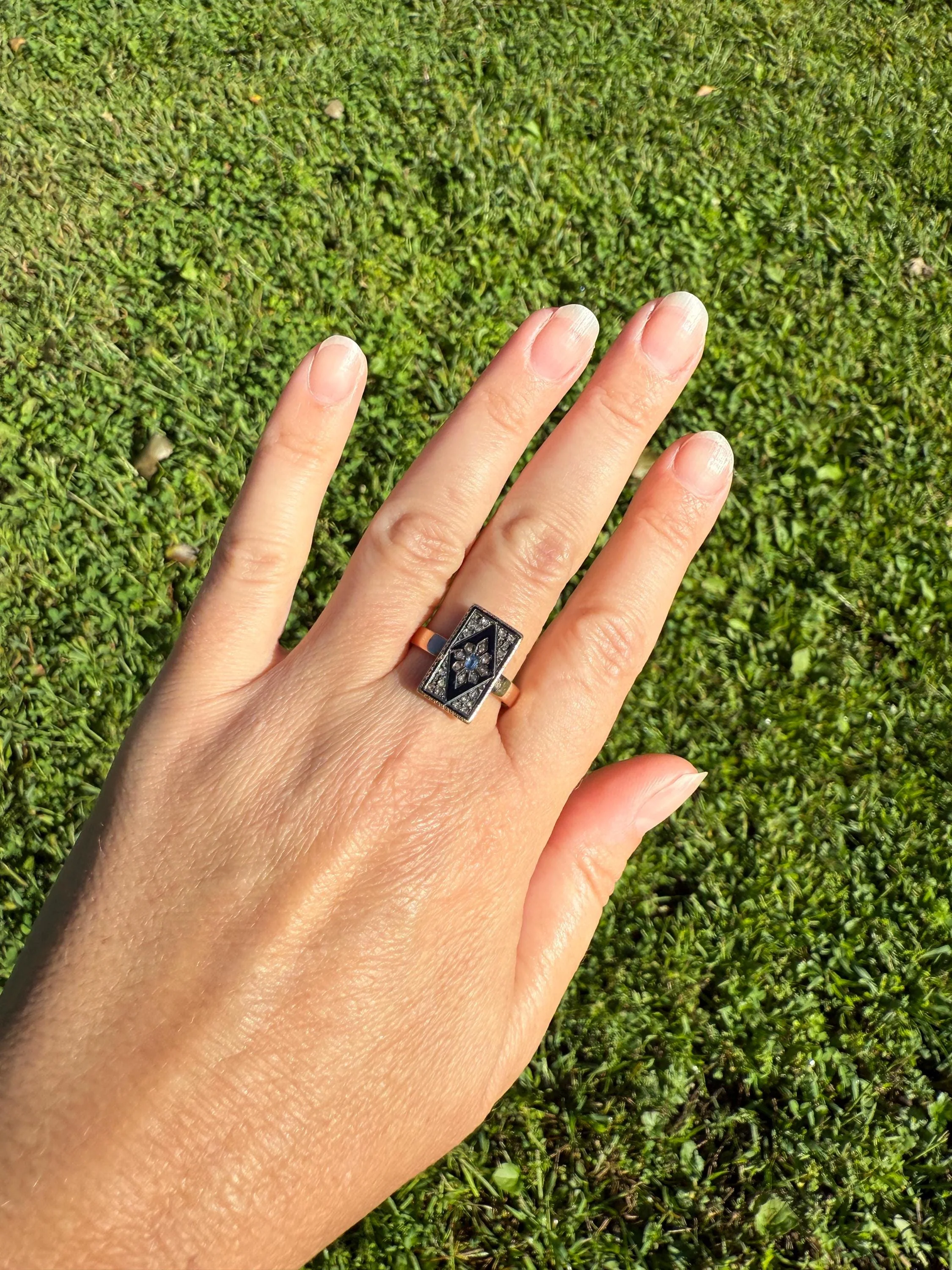 Antique Blue SAPPHIRE Rose Cut DIAMOND Black Enamel 14k Rosy Gold Plaque Ring Floral Geometric Rectangular Panel - Image 6