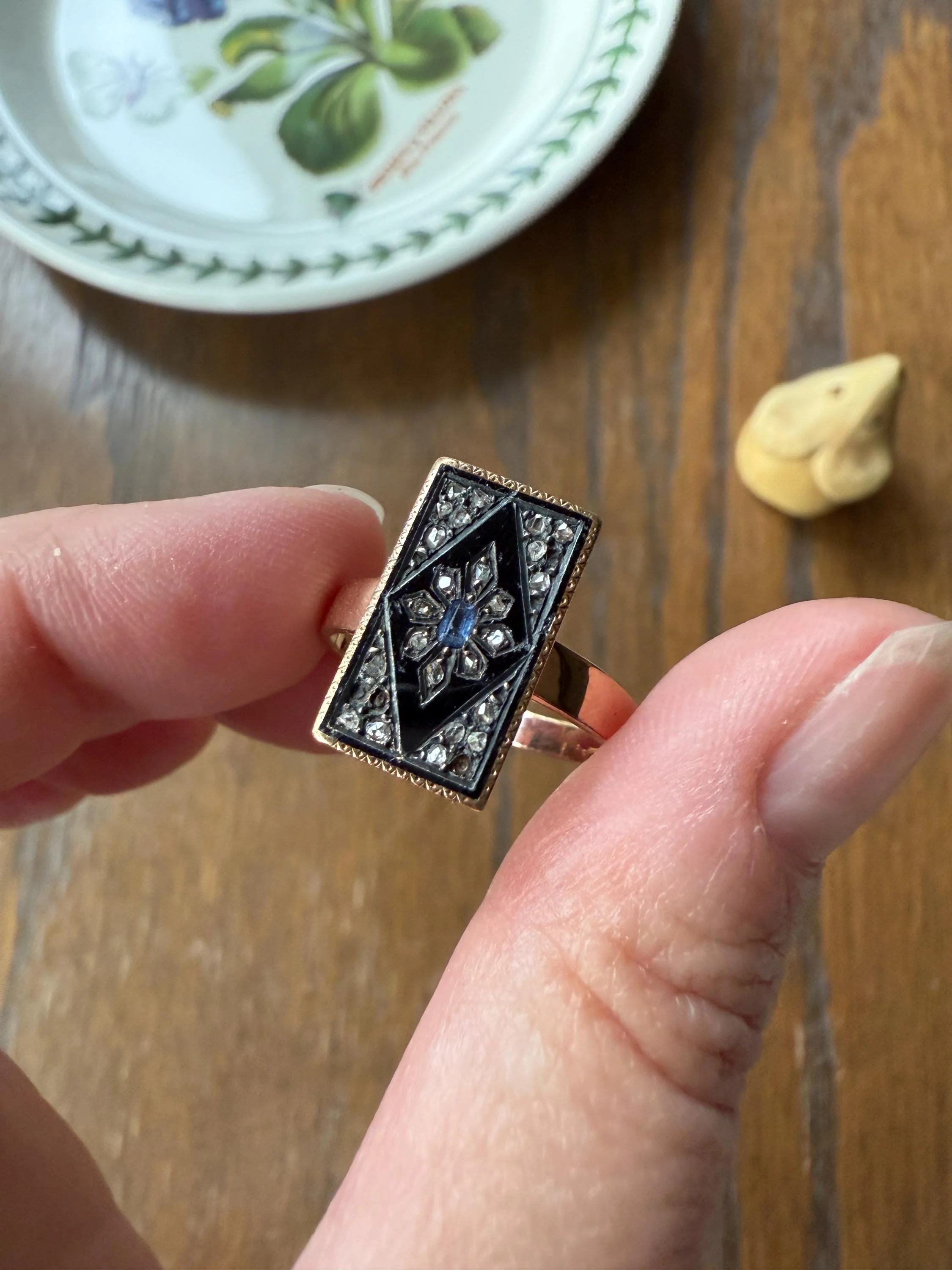 Antique Blue SAPPHIRE Rose Cut DIAMOND Black Enamel 14k Rosy Gold Plaque Ring Floral Geometric Rectangular Panel - Image 7