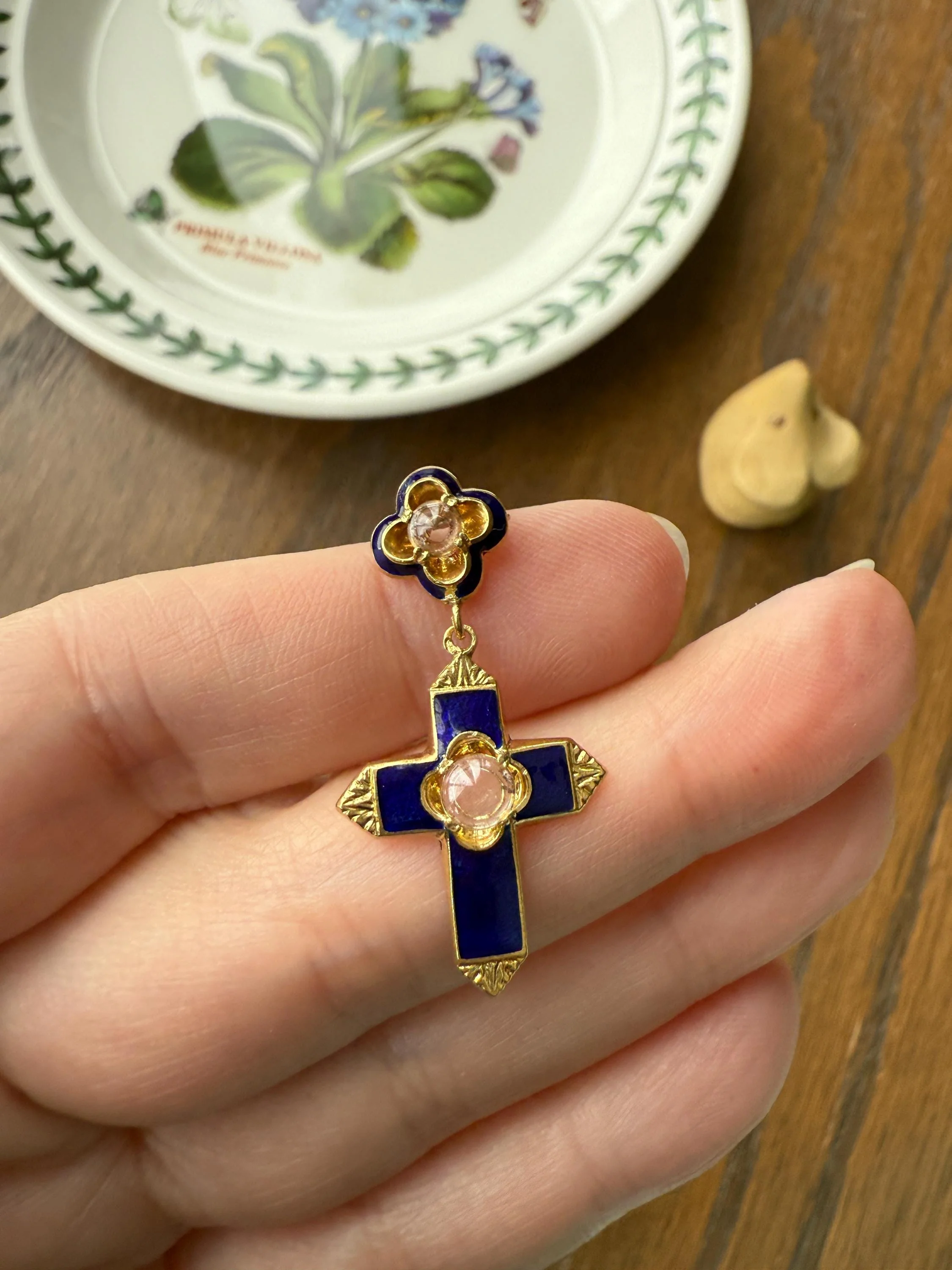 Antique CROSS Pendant French Victorian Cobalt Blue ENAMEL 18k Gold Paste Bead Locket ? Compartment Faceted Split Ring Religious Gift - Image 3