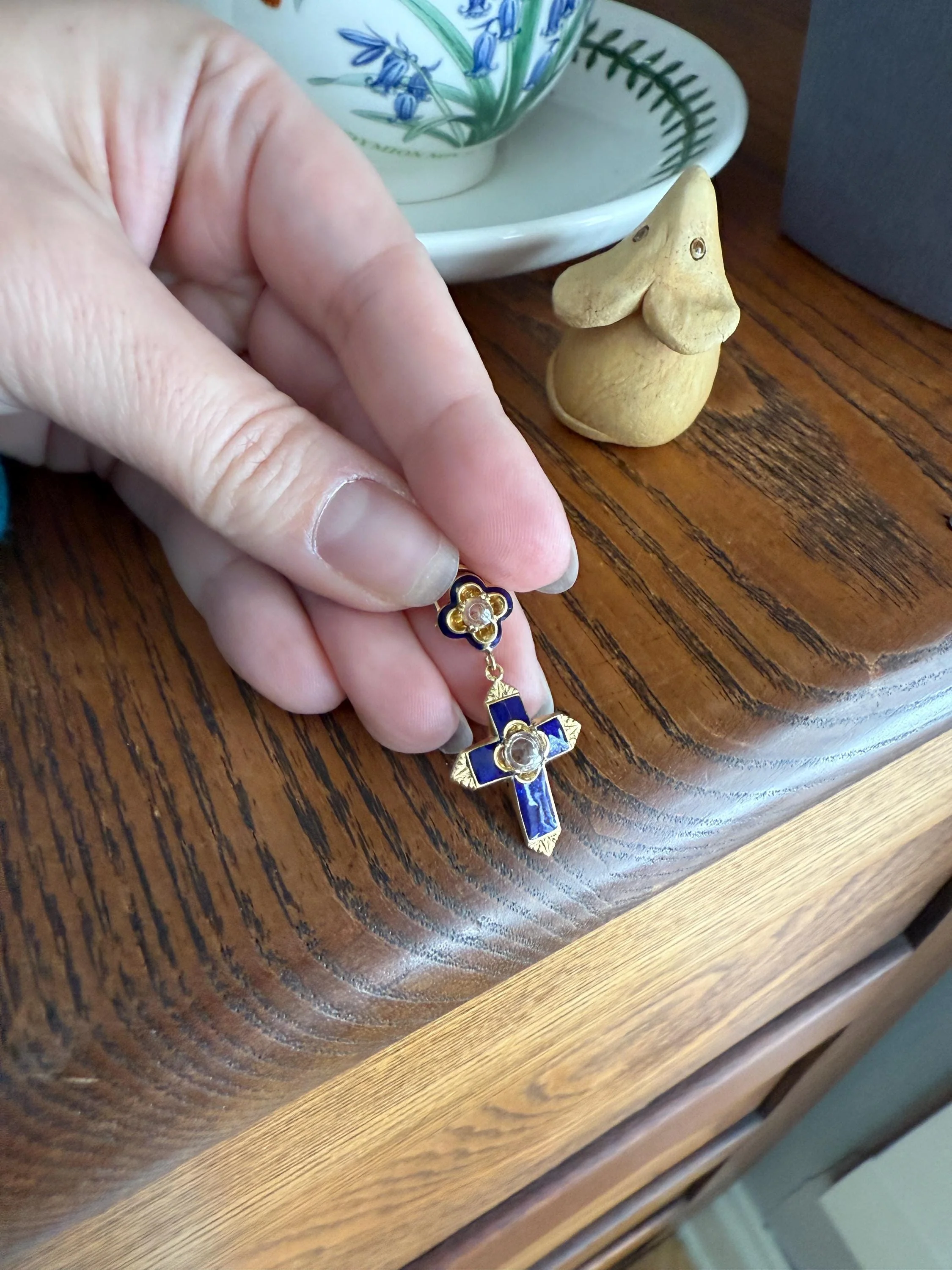 Antique CROSS Pendant French Victorian Cobalt Blue ENAMEL 18k Gold Paste Bead Locket ? Compartment Faceted Split Ring Religious Gift - Image 5