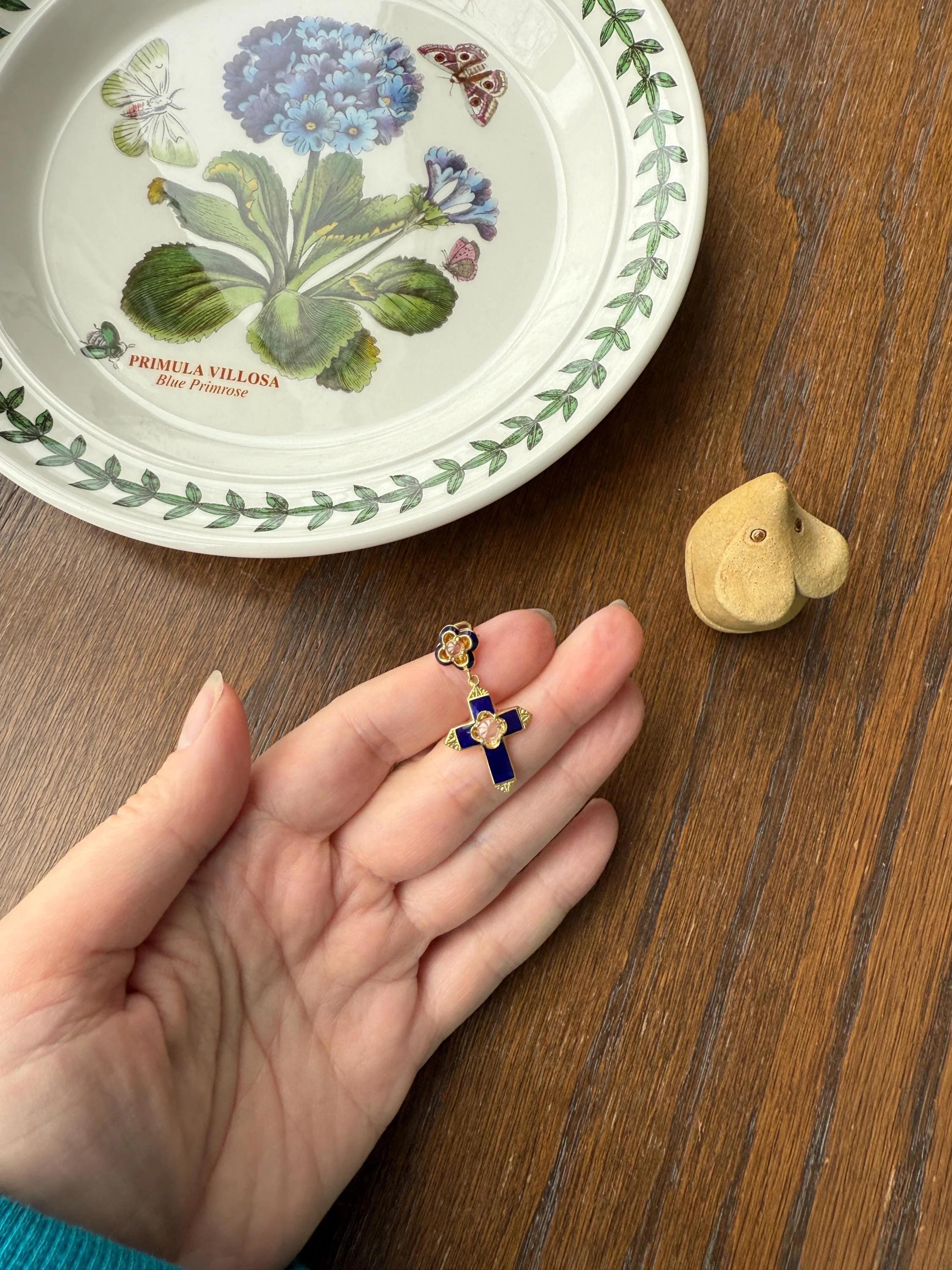 Antique CROSS Pendant French Victorian Cobalt Blue ENAMEL 18k Gold Paste Bead Locket ? Compartment Faceted Split Ring Religious Gift - Image 6