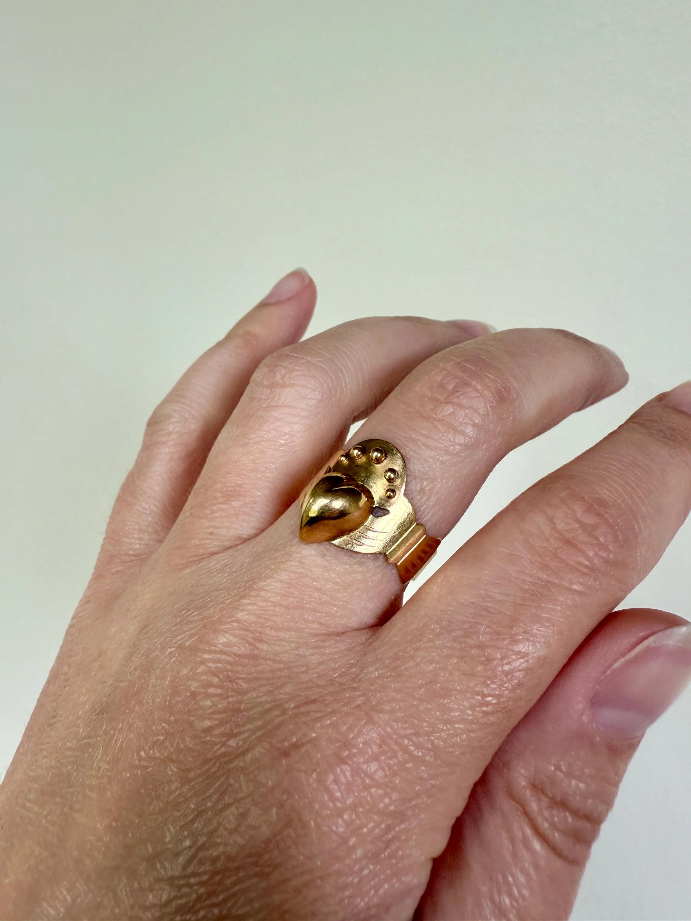 Antique Crowned Puffy Heart Bague de Foi French Regional Ring Fede Hands Ball Rivets 18k GOLD Folk Victorian Wide Band Love Figural - Image 2