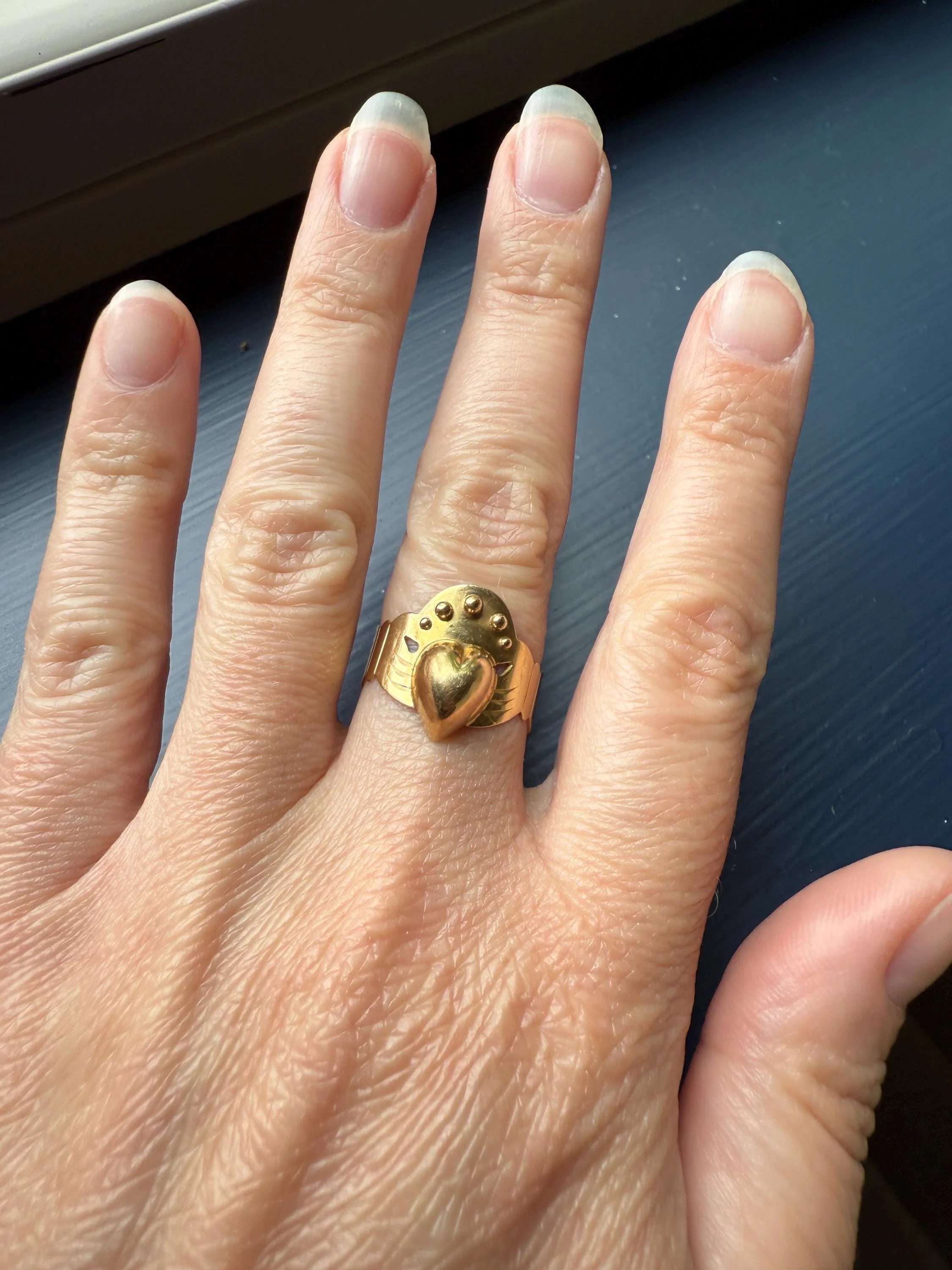 Antique Crowned Puffy Heart Bague de Foi French Regional Ring Fede Hands Ball Rivets 18k GOLD Folk Victorian Wide Band Love Figural - Image 3