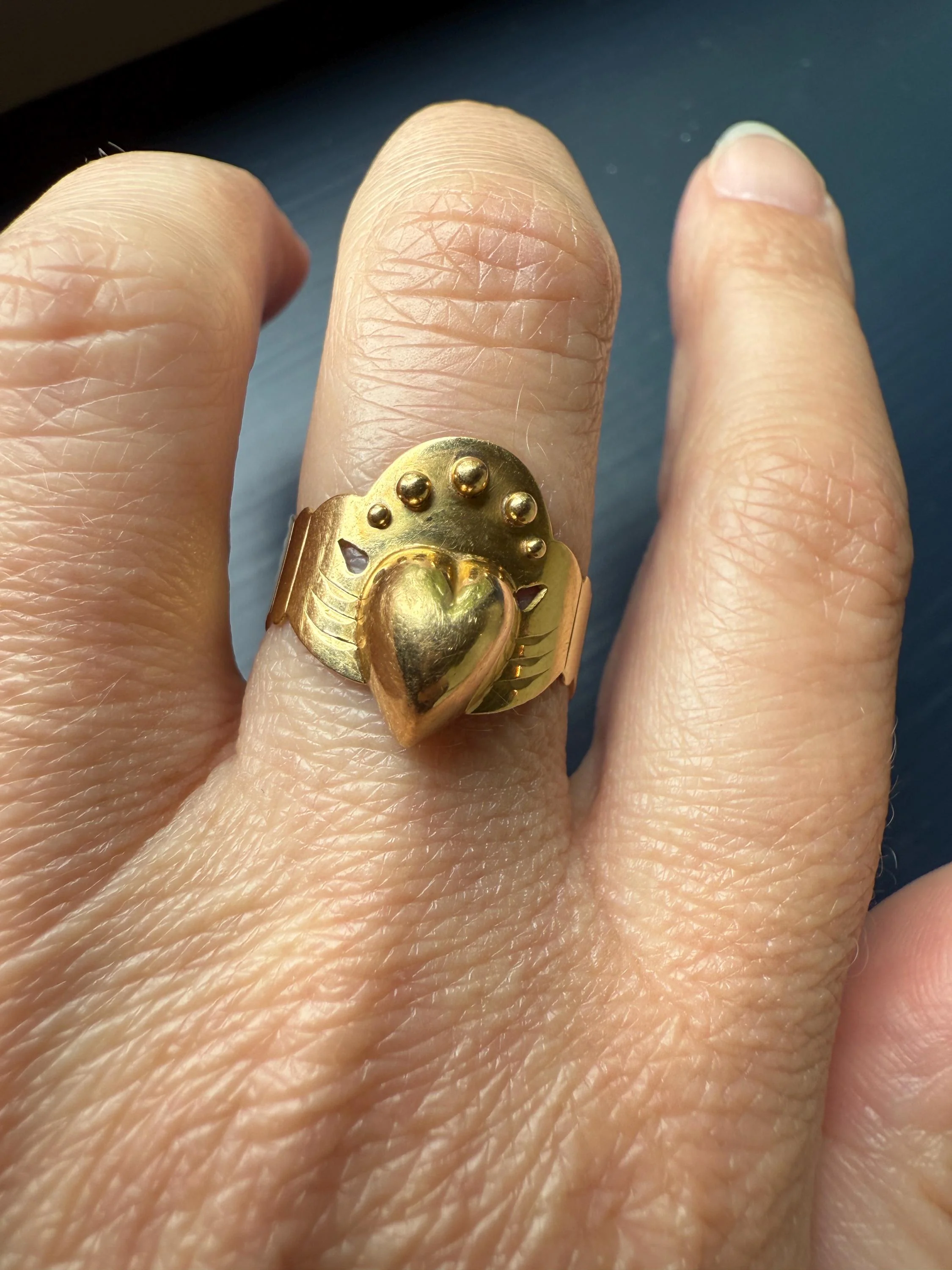 Antique Crowned Puffy Heart Bague de Foi French Regional Ring Fede Hands Ball Rivets 18k GOLD Folk Victorian Wide Band Love Figural - Image 4