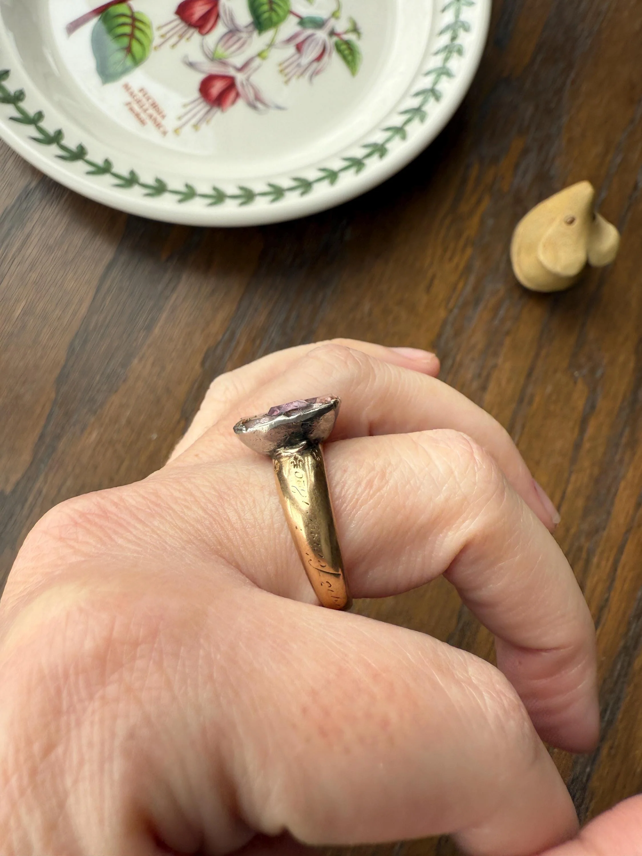 Antique Dated 1820 French Restoration Loyalty Ring Pink Topaz Quartz 18k Gold Engraved Charles Ferdinand Duke Historical Significance Militaria - Image 13