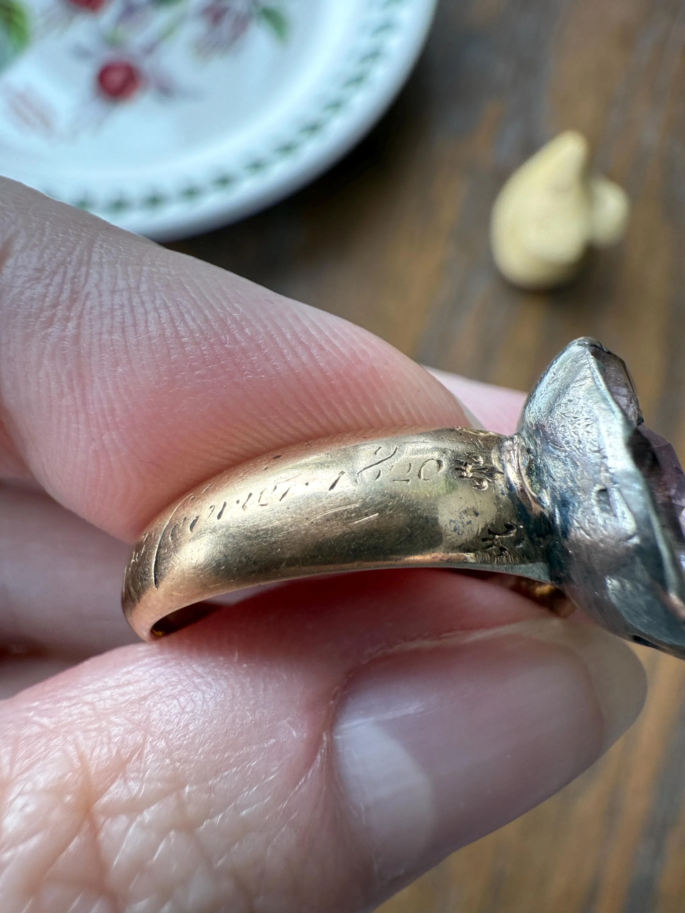 Antique Dated 1820 French Restoration Loyalty Ring Pink Topaz Quartz 18k Gold Engraved Charles Ferdinand Duke Historical Significance Militaria - Image 6