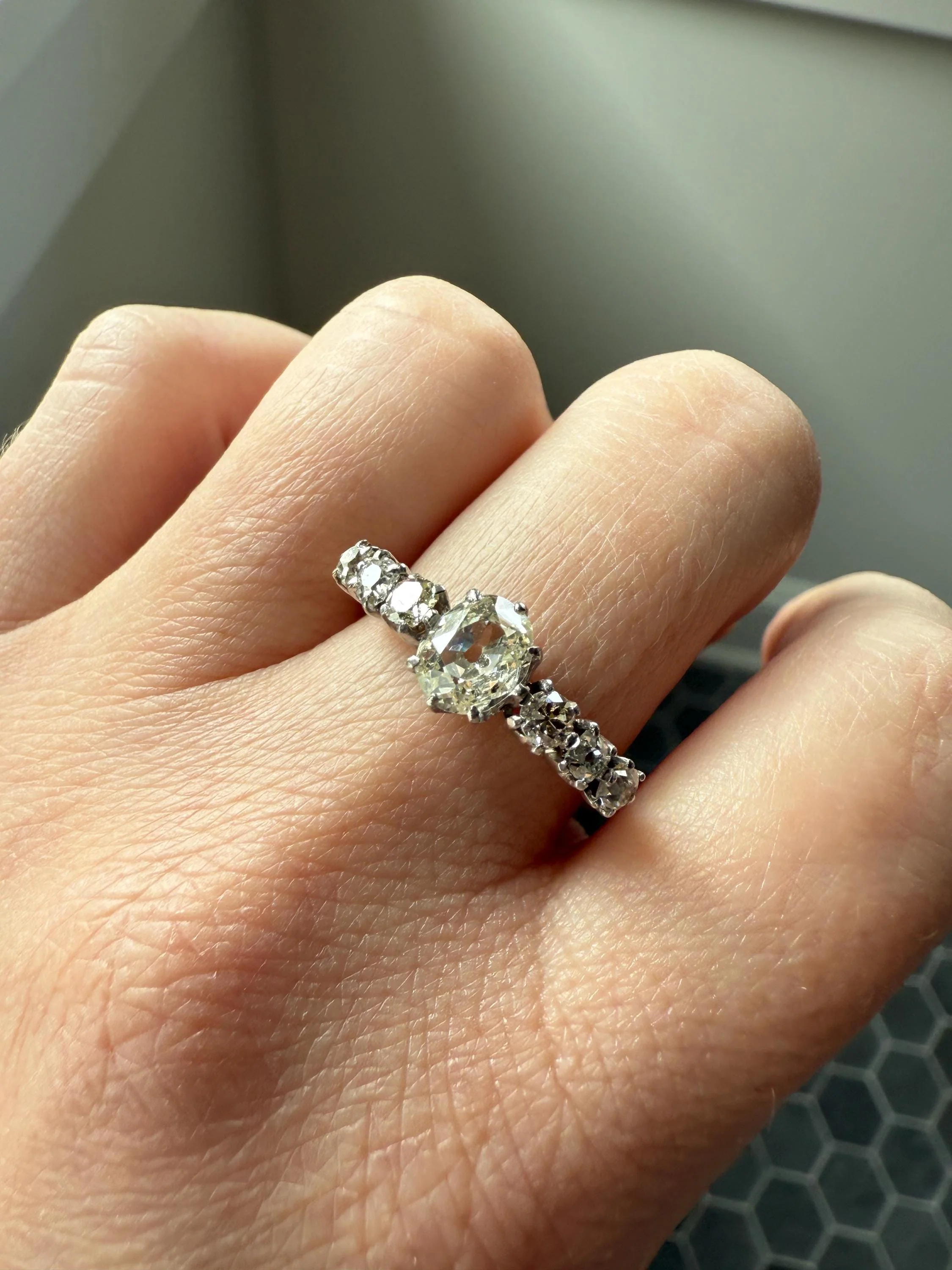 Antique Edwardian Art Deco 1.3 Carat Seven Stone Old Mine Cut Diamond Band Eye Clean Oval Center 18k Gold Platinum Prongs Tall Stacker - Image 2