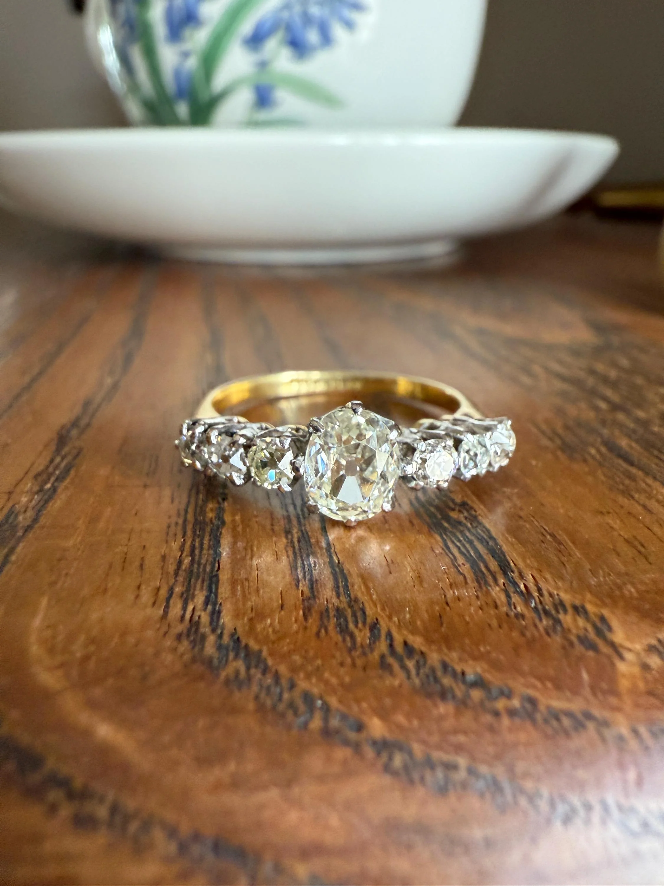 Antique Edwardian Art Deco 1.3 Carat Seven Stone Old Mine Cut Diamond Band Eye Clean Oval Center 18k Gold Platinum Prongs Tall Stacker - Image 3