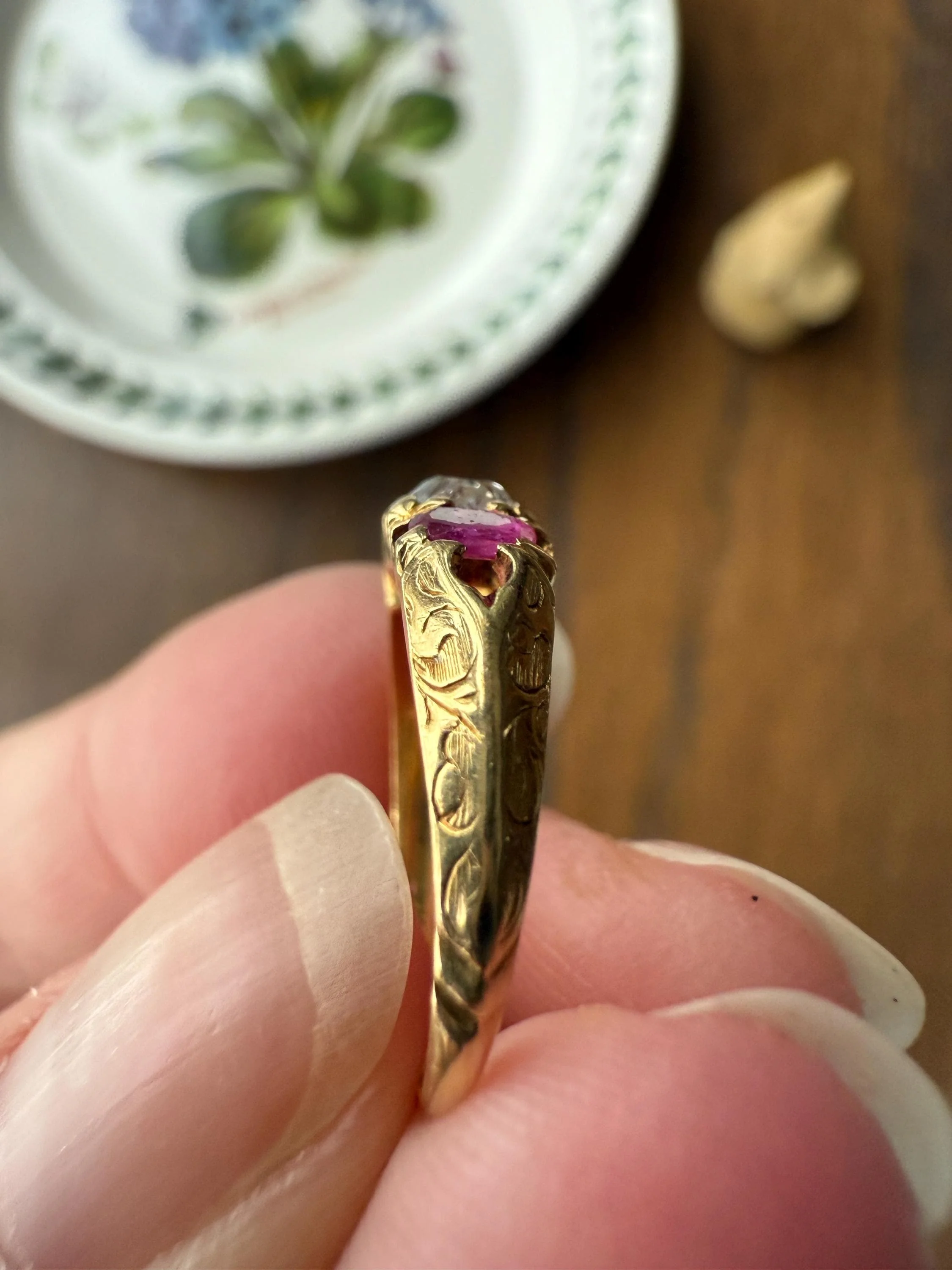 Antique Elongated Old Mine Cut DIAMOND Ruby Pink 18k Gold Three Stone Ring Stacker Band Victorian Pinky Midi Engraved Knife Edge Shoulders