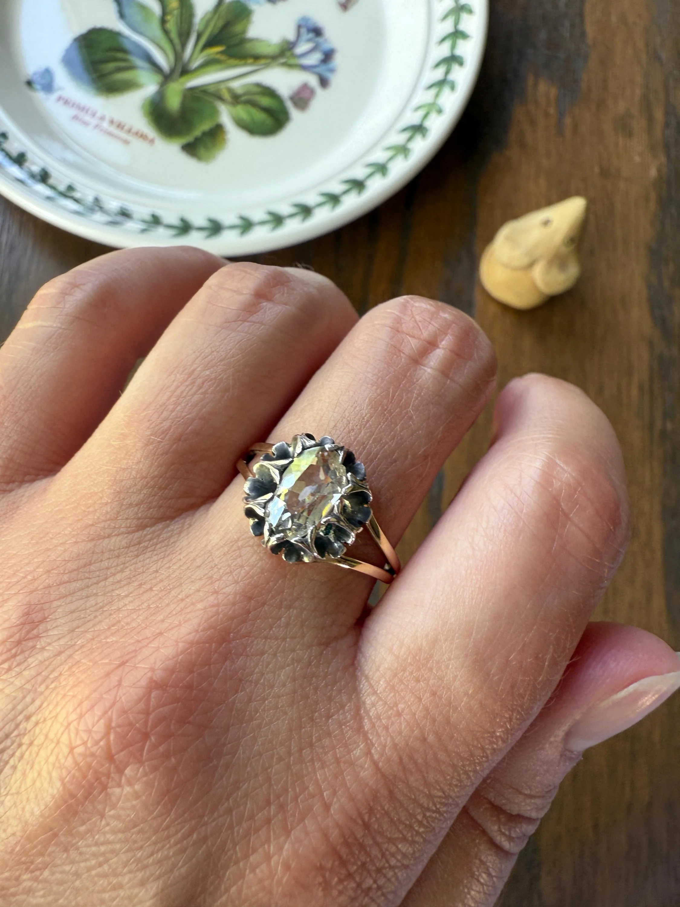 ANTIQUE Elongated Old Mine Cut Oval DIAMOND Eye Clean Silver Star Prong Basket Setting in 10k Gold Unique Buttercup Victorian .6 to 1.2 Ct. - Image 5