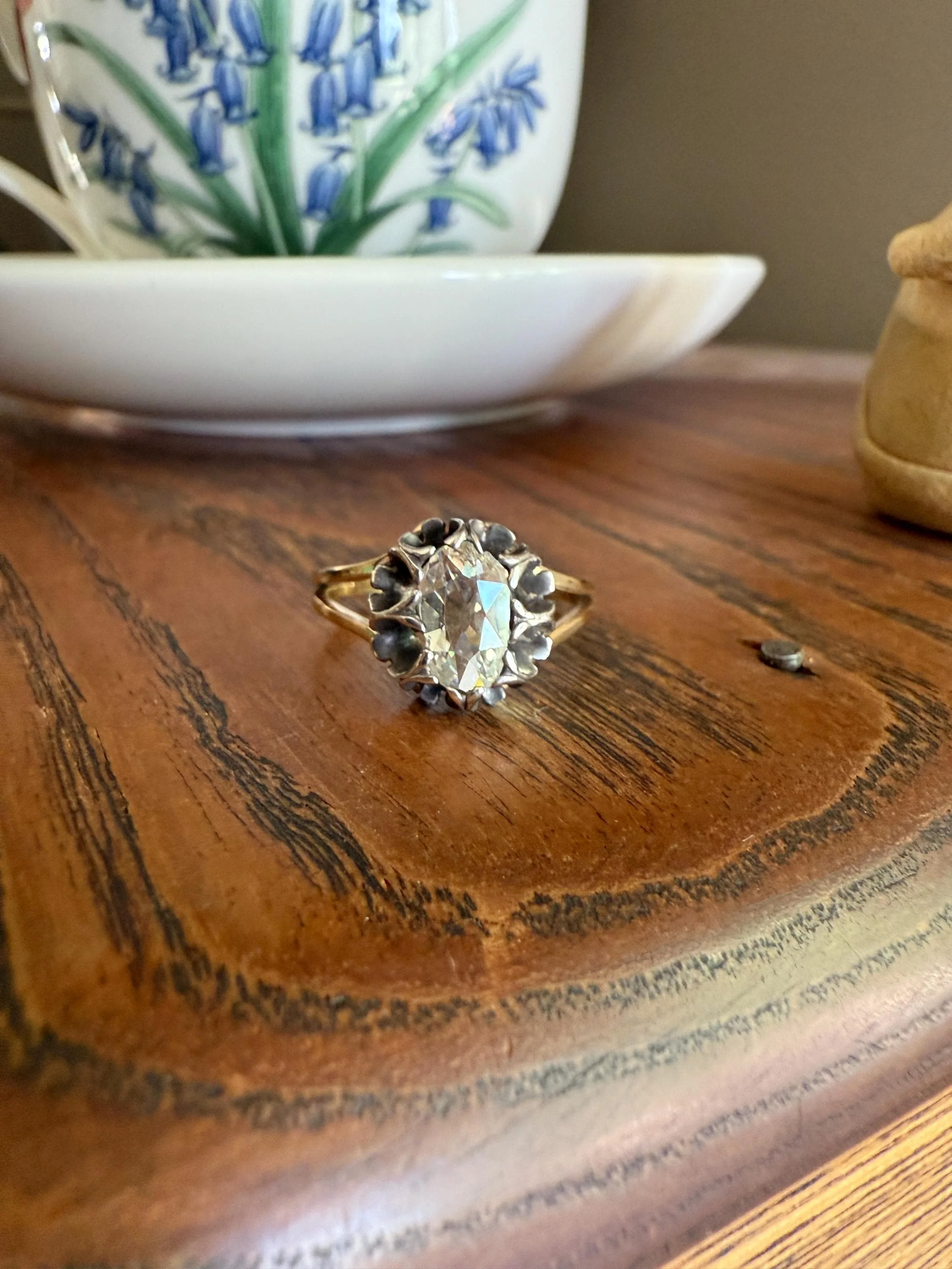 ANTIQUE Elongated Old Mine Cut Oval DIAMOND Eye Clean Silver Star Prong Basket Setting in 10k Gold Unique Buttercup Victorian .6 to 1.2 Ct. - Image 7