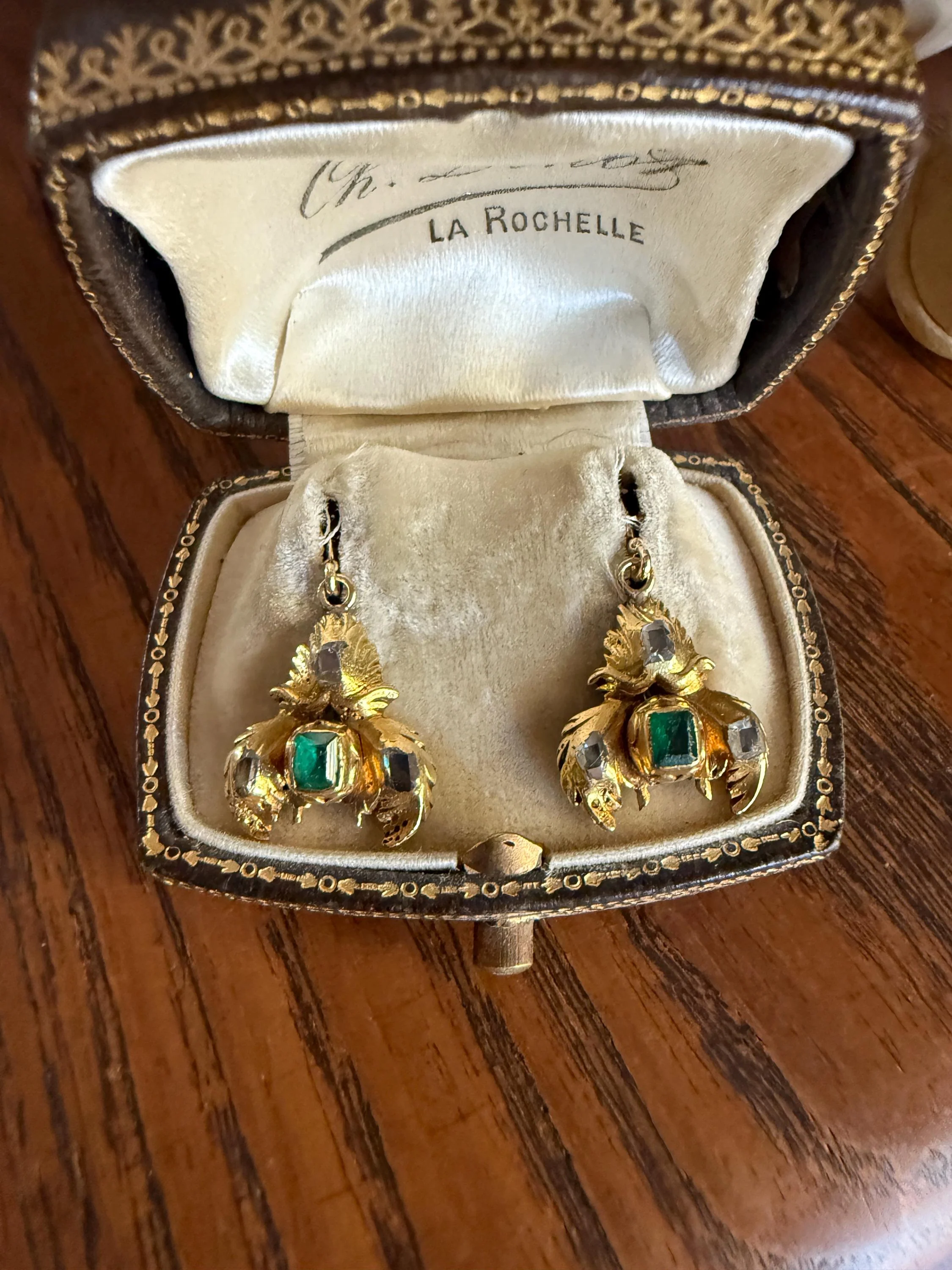 Antique EMERALD Table Cut DIAMOND Enamel Backed 18k Gold & 14k Dangle EARRINGS Georgian Renaissance Revival Green One of a Kind - Image 11