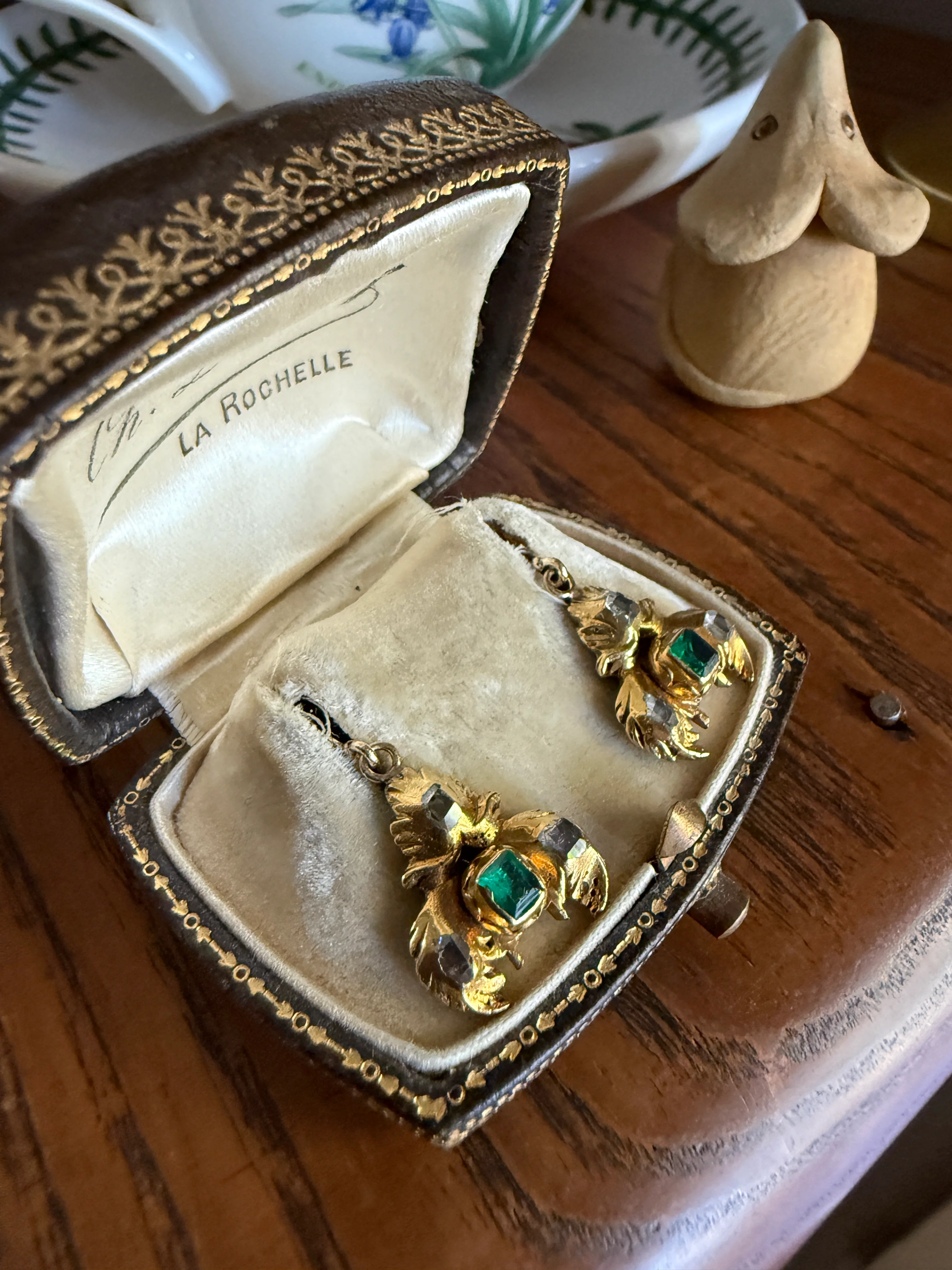 Antique EMERALD Table Cut DIAMOND Enamel Backed 18k Gold & 14k Dangle EARRINGS Georgian Renaissance Revival Green One of a Kind - Image 13
