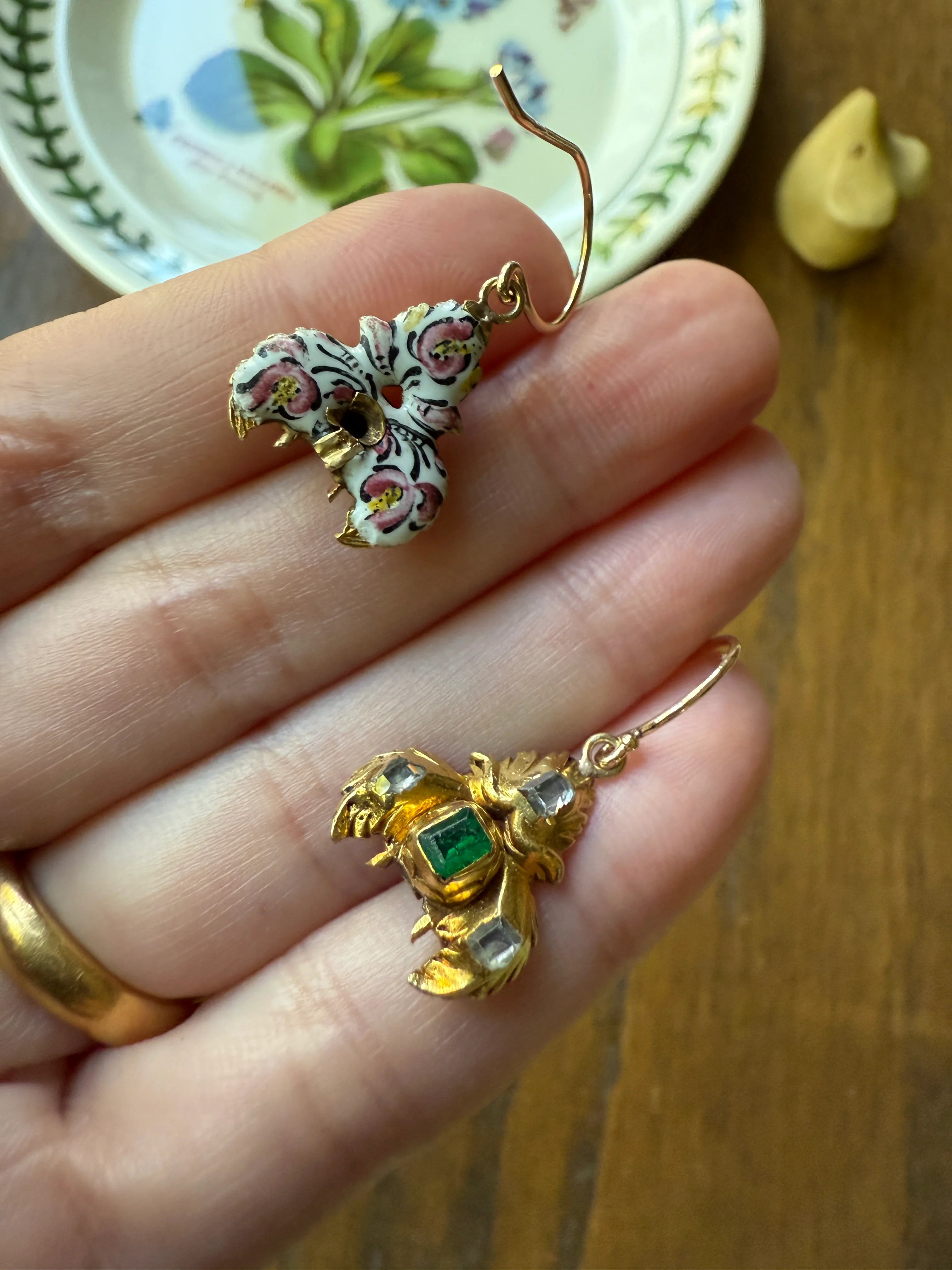 Antique EMERALD Table Cut DIAMOND Enamel Backed 18k Gold & 14k Dangle EARRINGS Georgian Renaissance Revival Green One of a Kind - Image 14