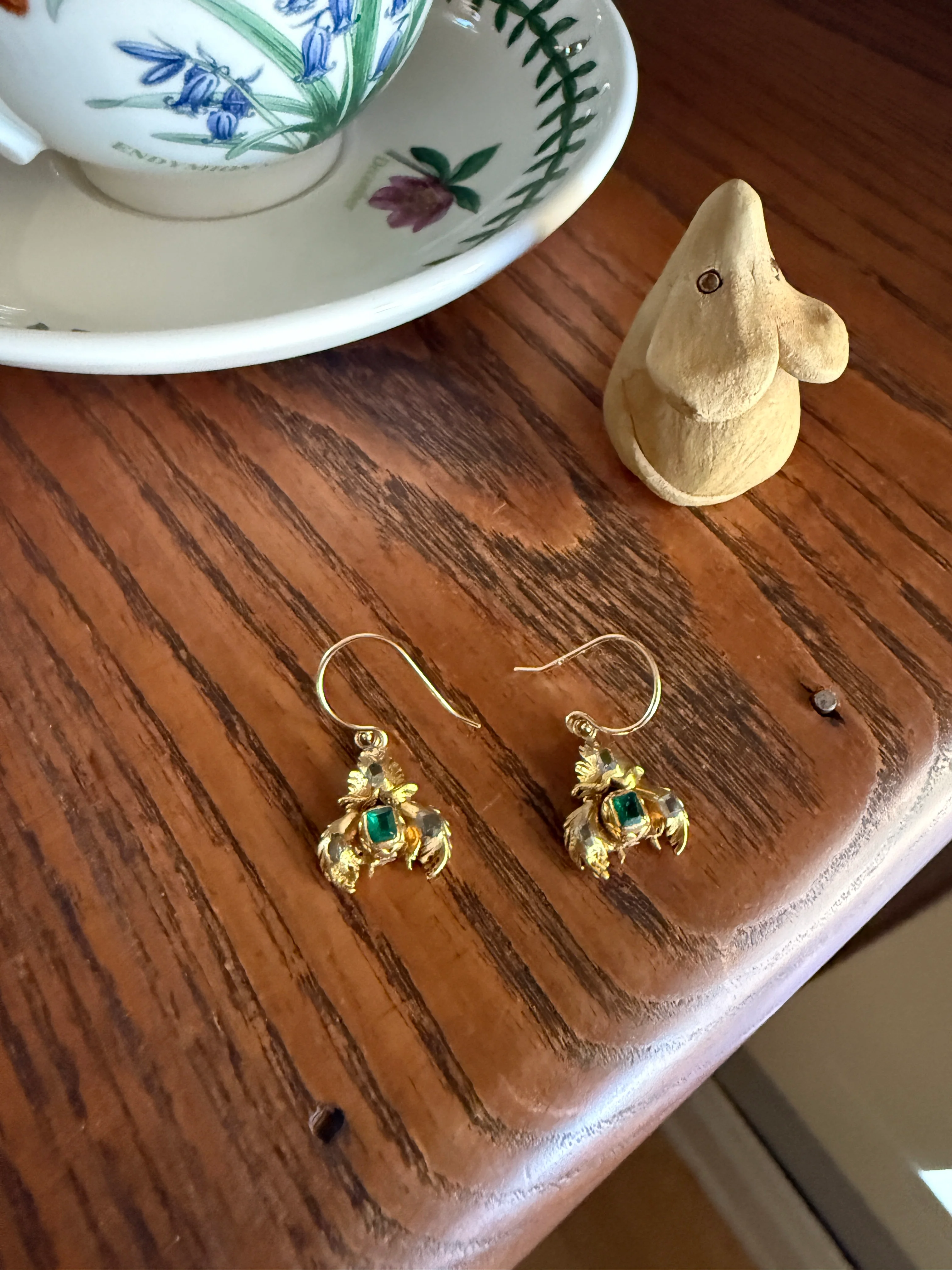 Antique EMERALD Table Cut DIAMOND Enamel Backed 18k Gold & 14k Dangle EARRINGS Georgian Renaissance Revival Green One of a Kind - Image 15