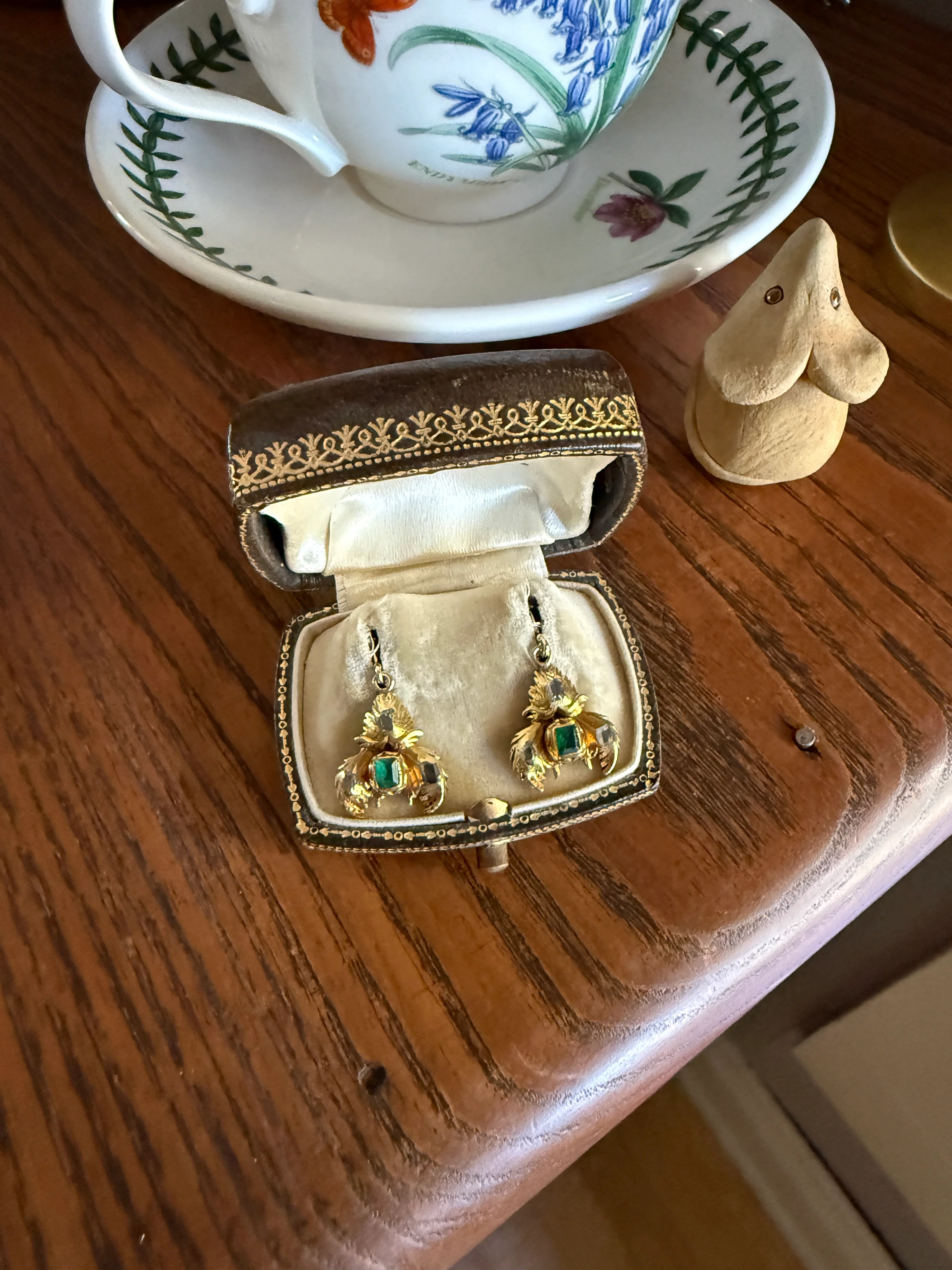 Antique EMERALD Table Cut DIAMOND Enamel Backed 18k Gold & 14k Dangle EARRINGS Georgian Renaissance Revival Green One of a Kind - Image 16