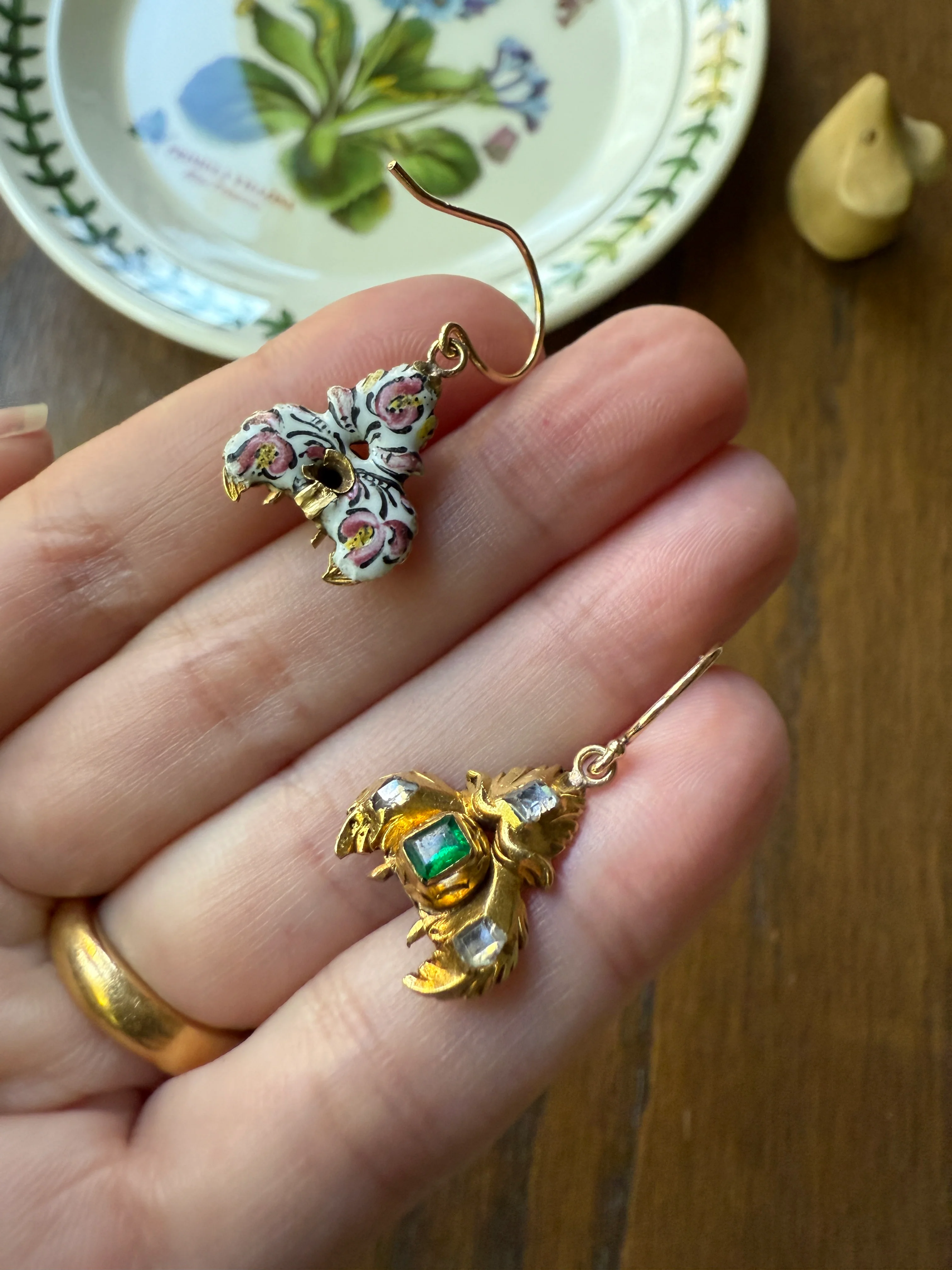 Antique EMERALD Table Cut DIAMOND Enamel Backed 18k Gold & 14k Dangle EARRINGS Georgian Renaissance Revival Green One of a Kind - Image 17