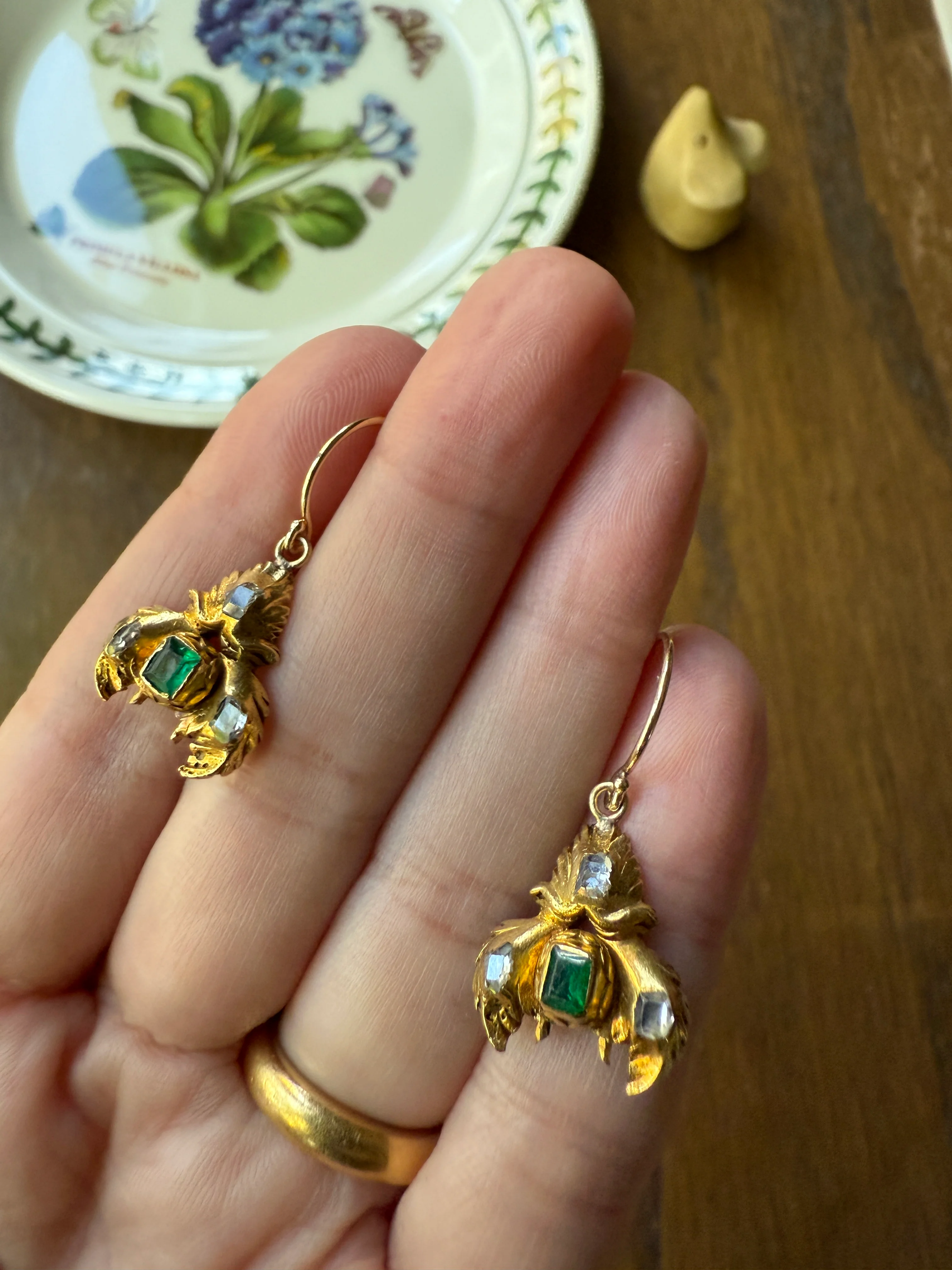 Antique EMERALD Table Cut DIAMOND Enamel Backed 18k Gold & 14k Dangle EARRINGS Georgian Renaissance Revival Green One of a Kind - Image 18