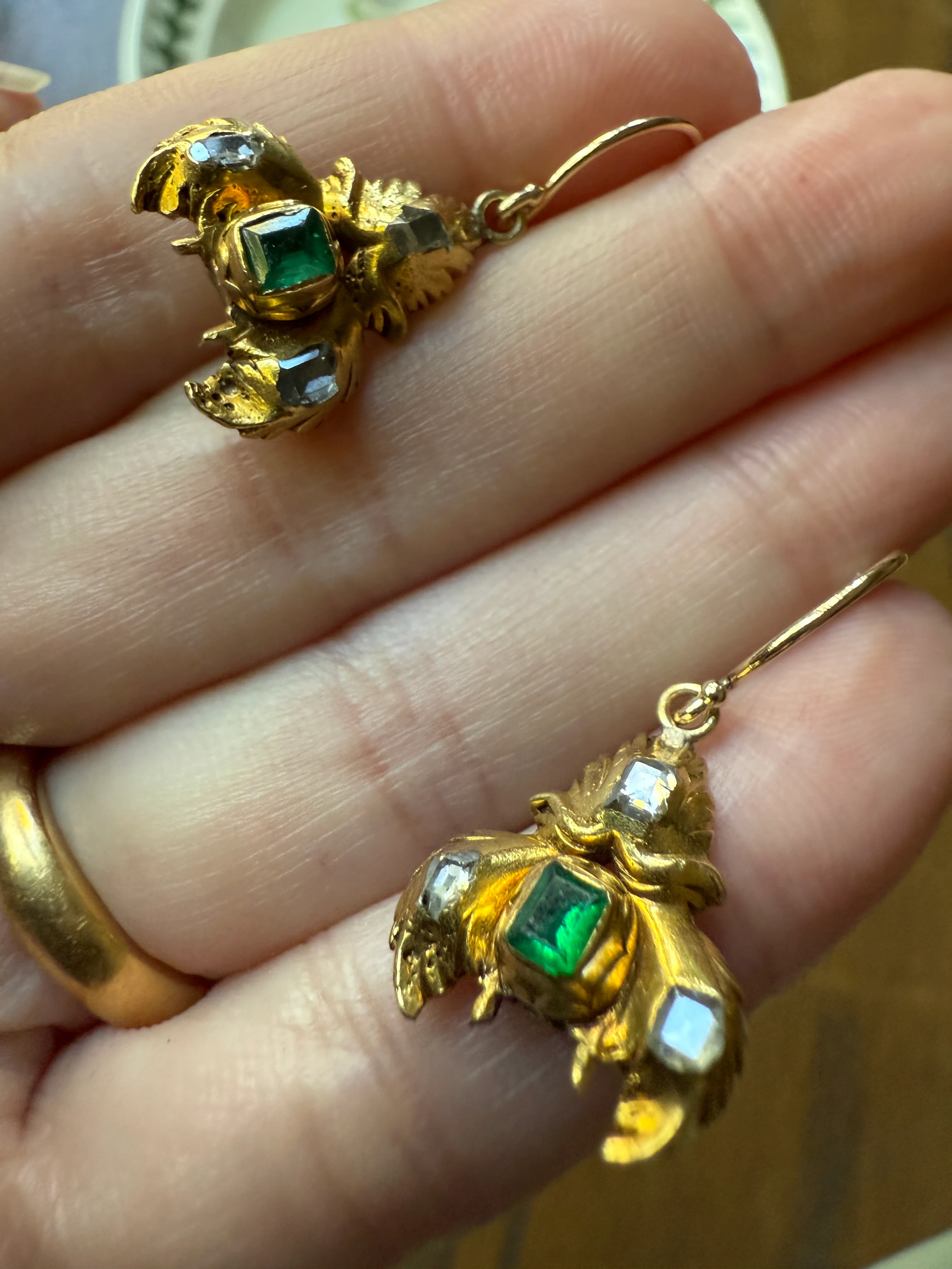 Antique EMERALD Table Cut DIAMOND Enamel Backed 18k Gold & 14k Dangle EARRINGS Georgian Renaissance Revival Green One of a Kind - Image 19