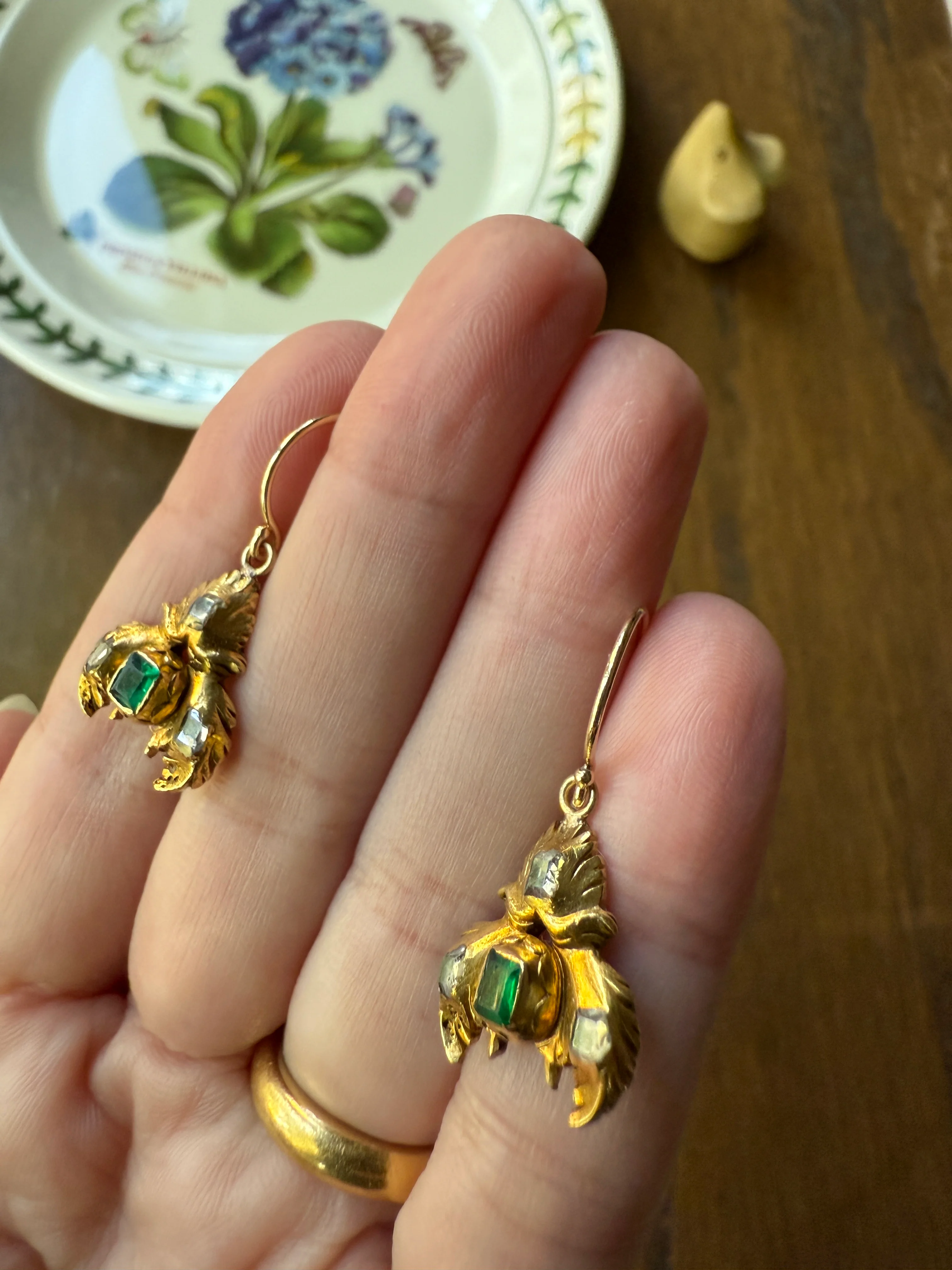 Antique EMERALD Table Cut DIAMOND Enamel Backed 18k Gold & 14k Dangle EARRINGS Georgian Renaissance Revival Green One of a Kind - Image 20