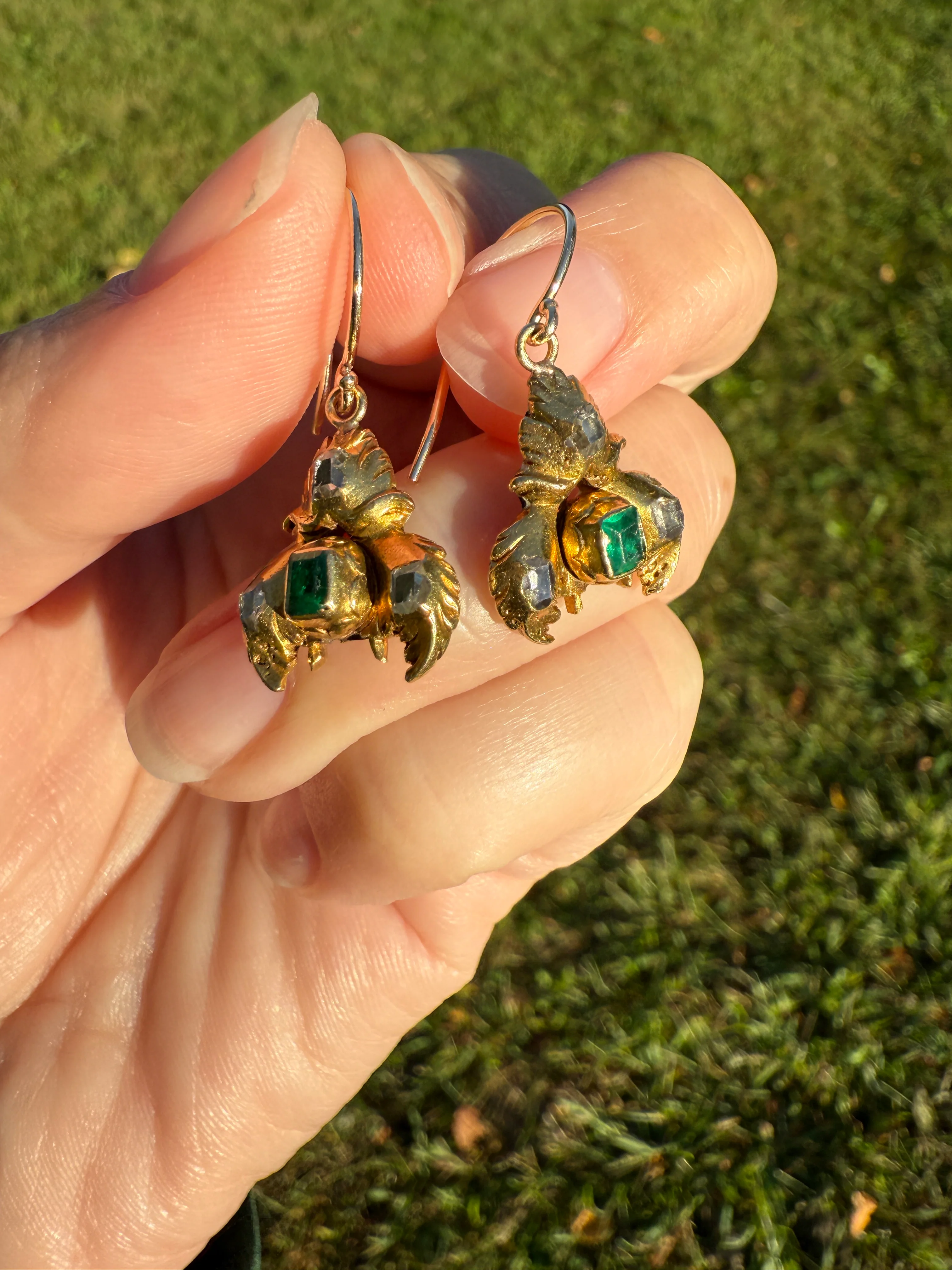 Antique EMERALD Table Cut DIAMOND Enamel Backed 18k Gold & 14k Dangle EARRINGS Georgian Renaissance Revival Green One of a Kind - Image 21