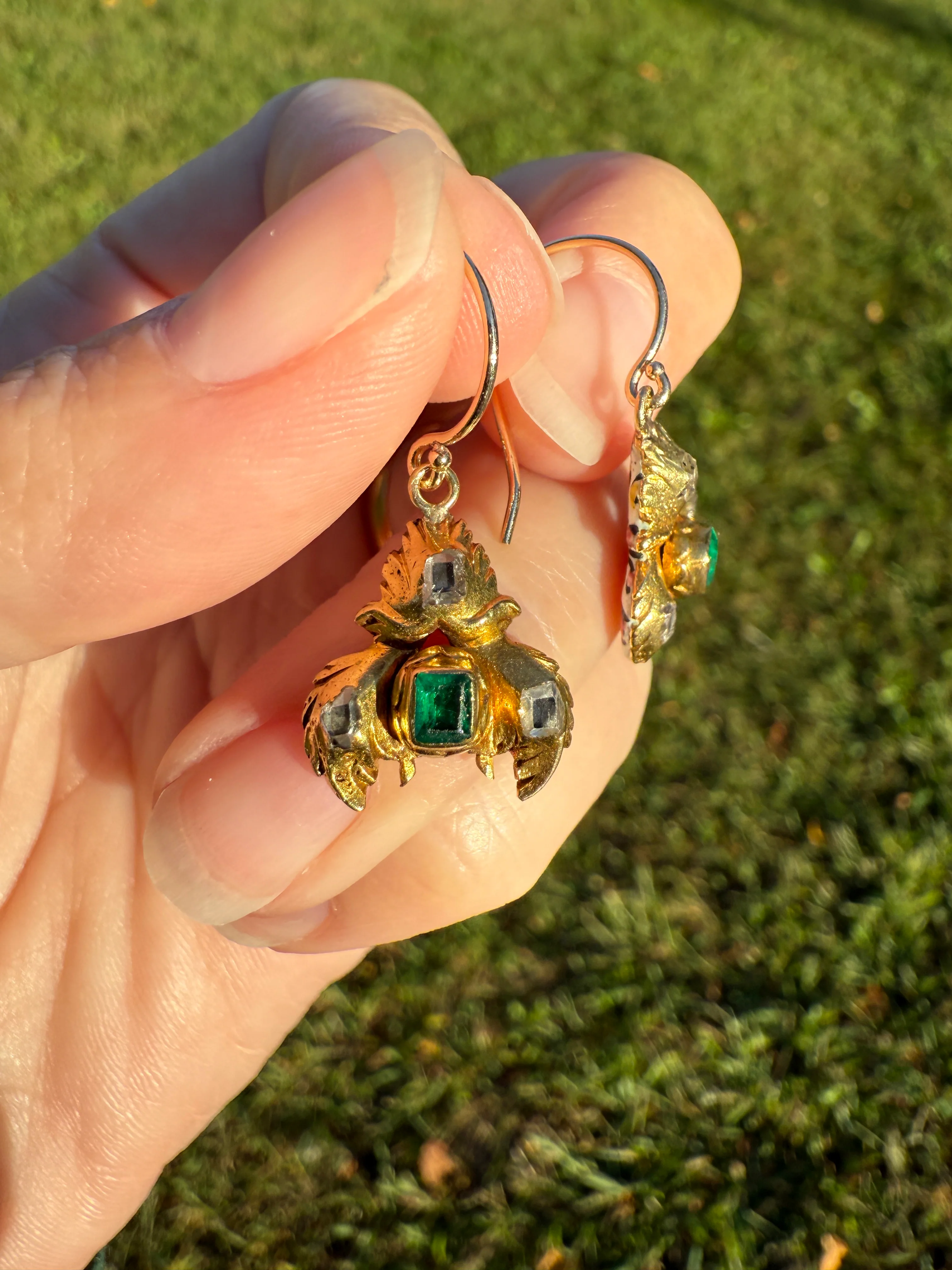Antique EMERALD Table Cut DIAMOND Enamel Backed 18k Gold & 14k Dangle EARRINGS Georgian Renaissance Revival Green One of a Kind - Image 22