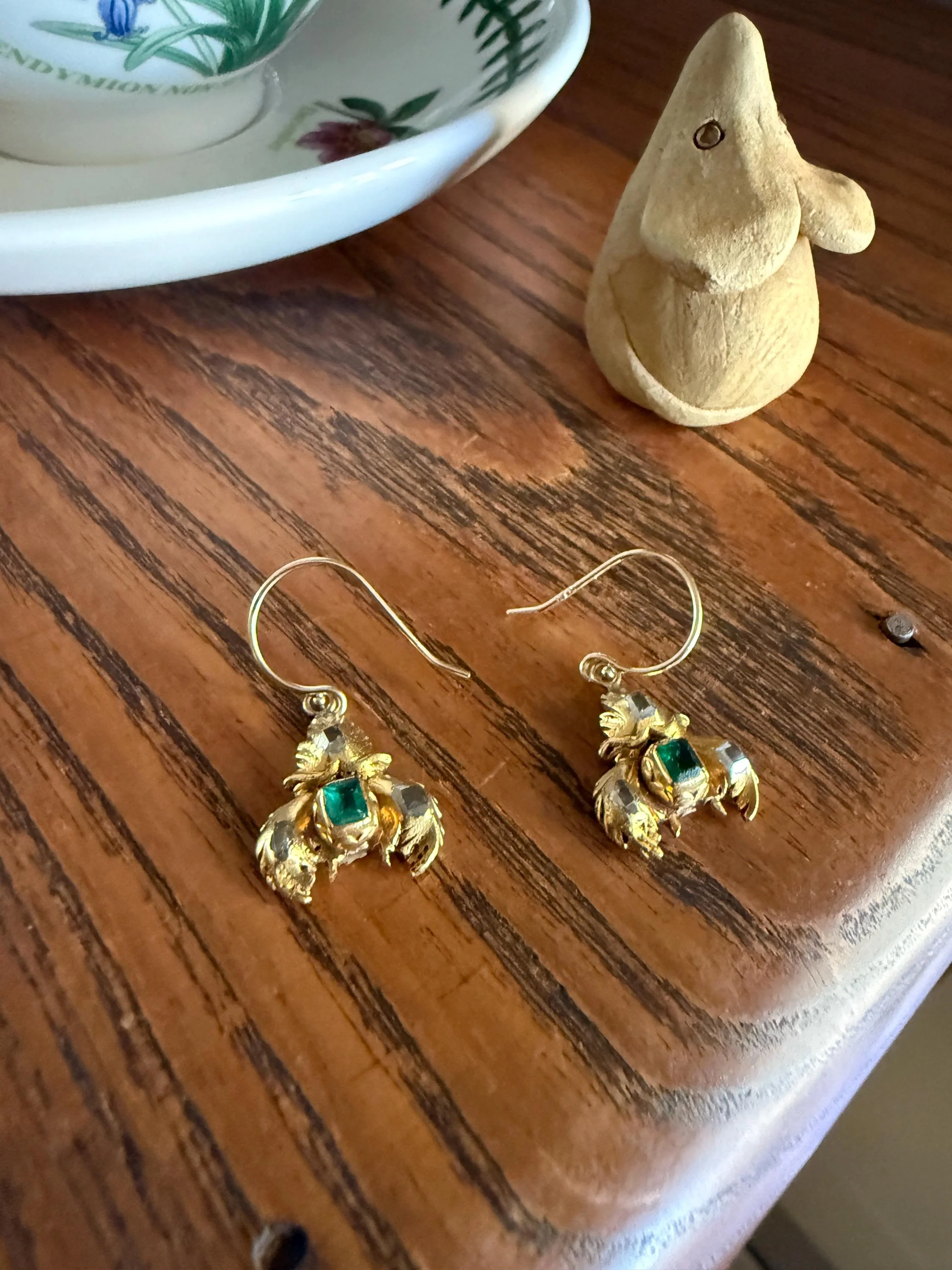 Antique EMERALD Table Cut DIAMOND Enamel Backed 18k Gold & 14k Dangle EARRINGS Georgian Renaissance Revival Green One of a Kind - Image 3