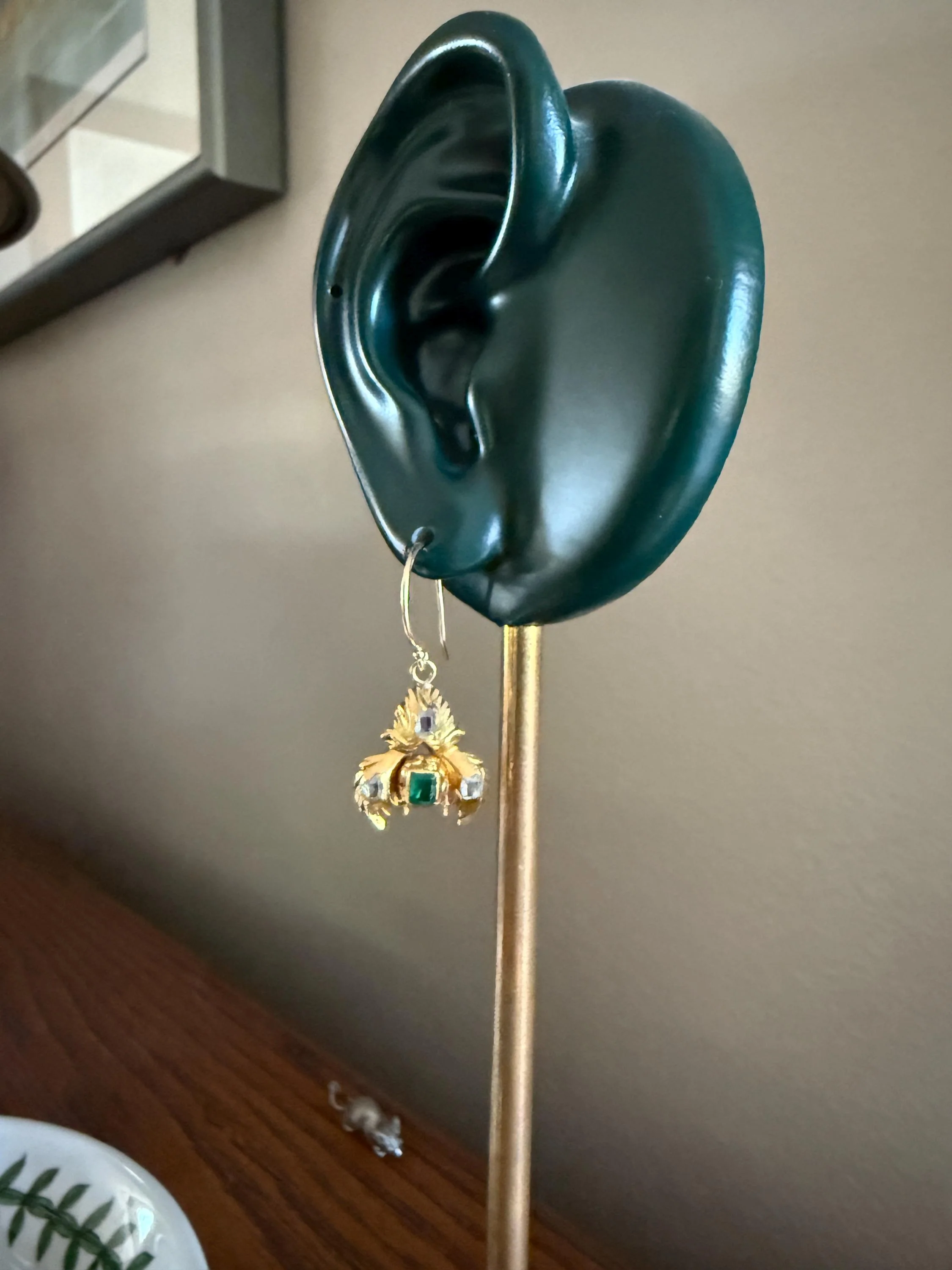 Antique EMERALD Table Cut DIAMOND Enamel Backed 18k Gold & 14k Dangle EARRINGS Georgian Renaissance Revival Green One of a Kind - Image 4