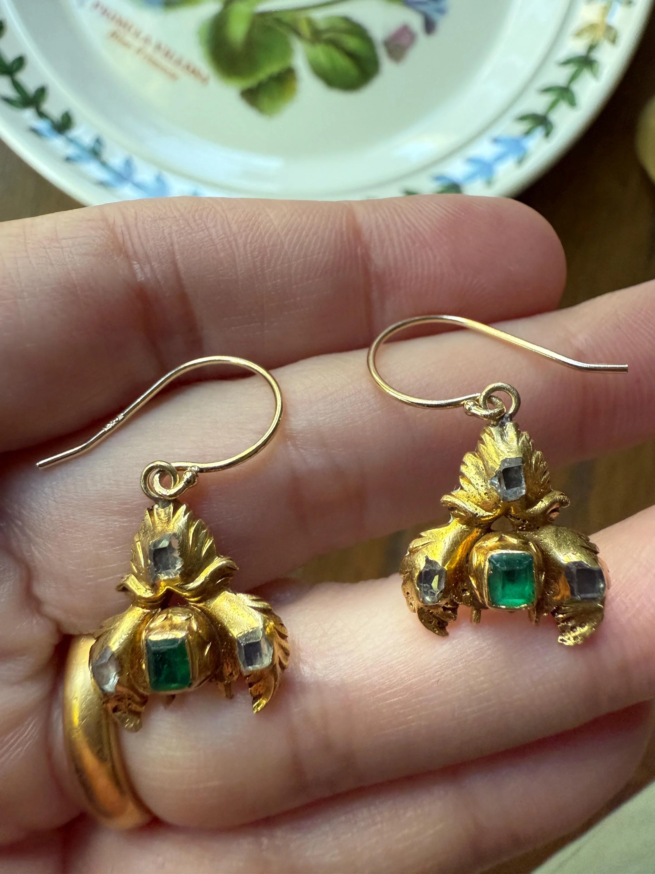 Antique EMERALD Table Cut DIAMOND Enamel Backed 18k Gold & 14k Dangle EARRINGS Georgian Renaissance Revival Green One of a Kind - Image 6