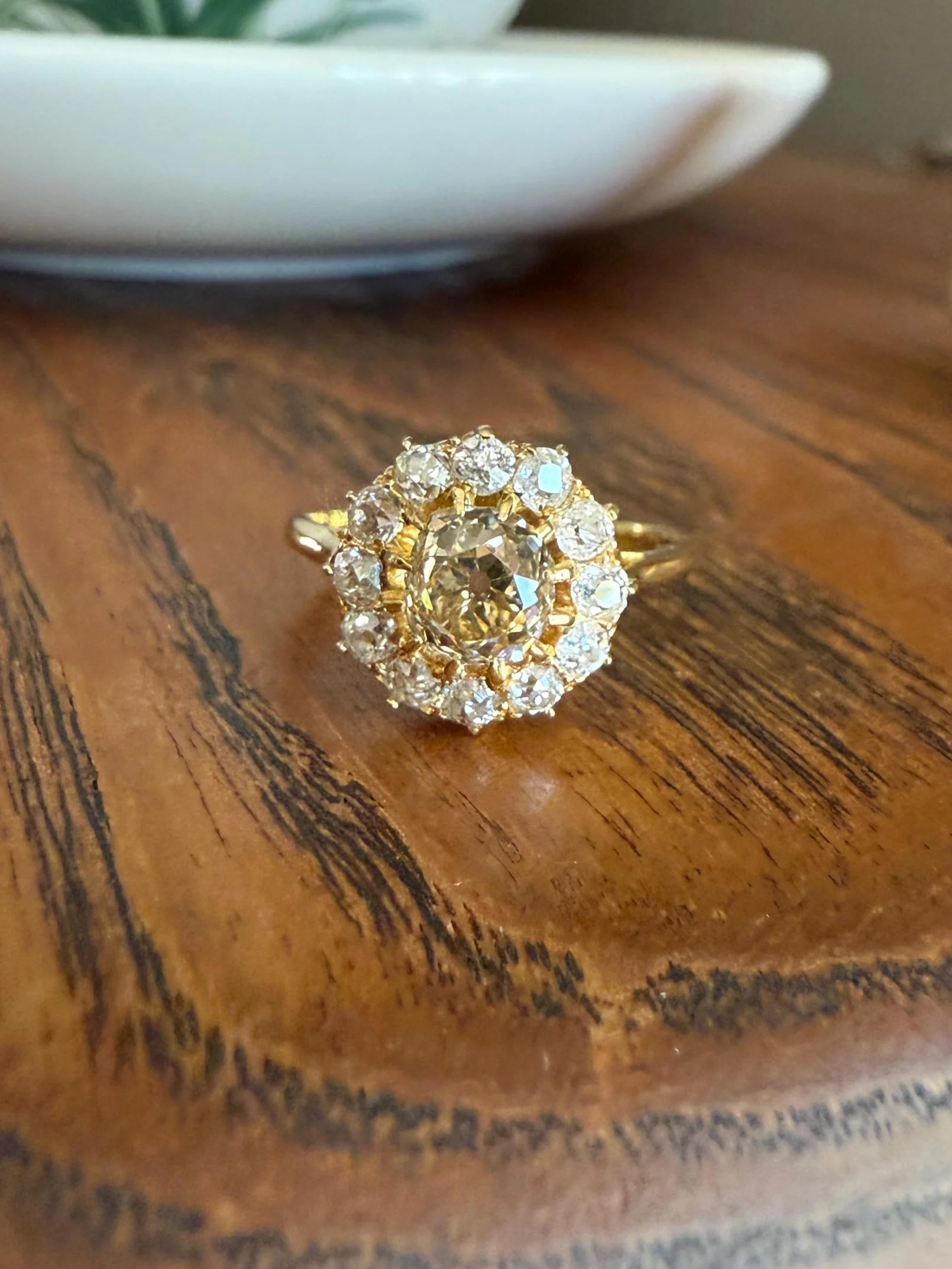 ANTIQUE Eye Clean 1.5 Carat Tdw Champagne Old Mine Cut Diamond Colorless OMC Halo Cluster Ring Victorian Two Tone 1.5Ctw Light Yellow Brown