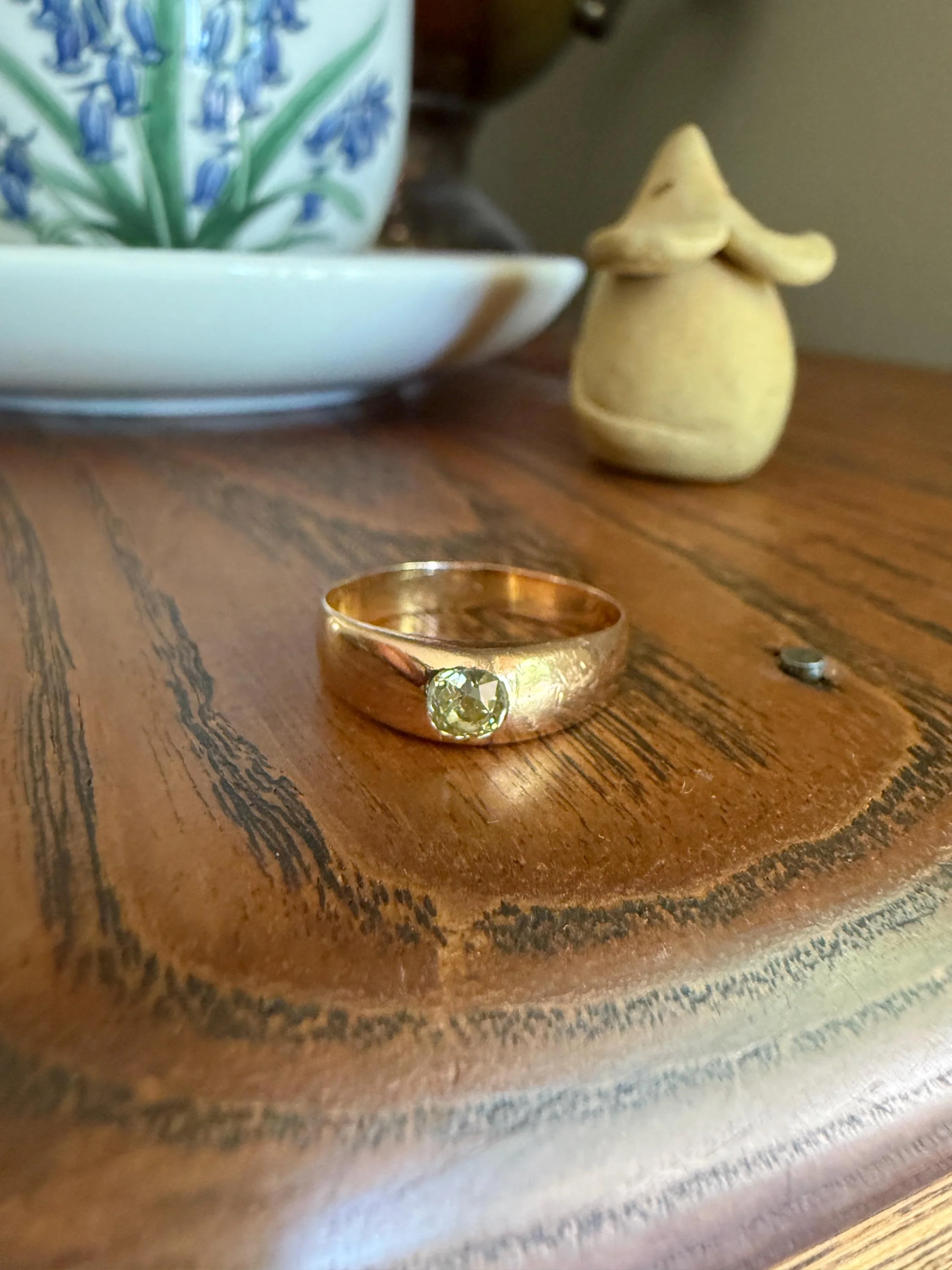 Antique Eye Clean .3 Carat Fancy Light Greenish YELLOW Old Mine Cut DIAMOND Solitaire Gypsy Ring 18k Rosy Gold Chunky Band Gift Stacker Unisex OMC - Image 11