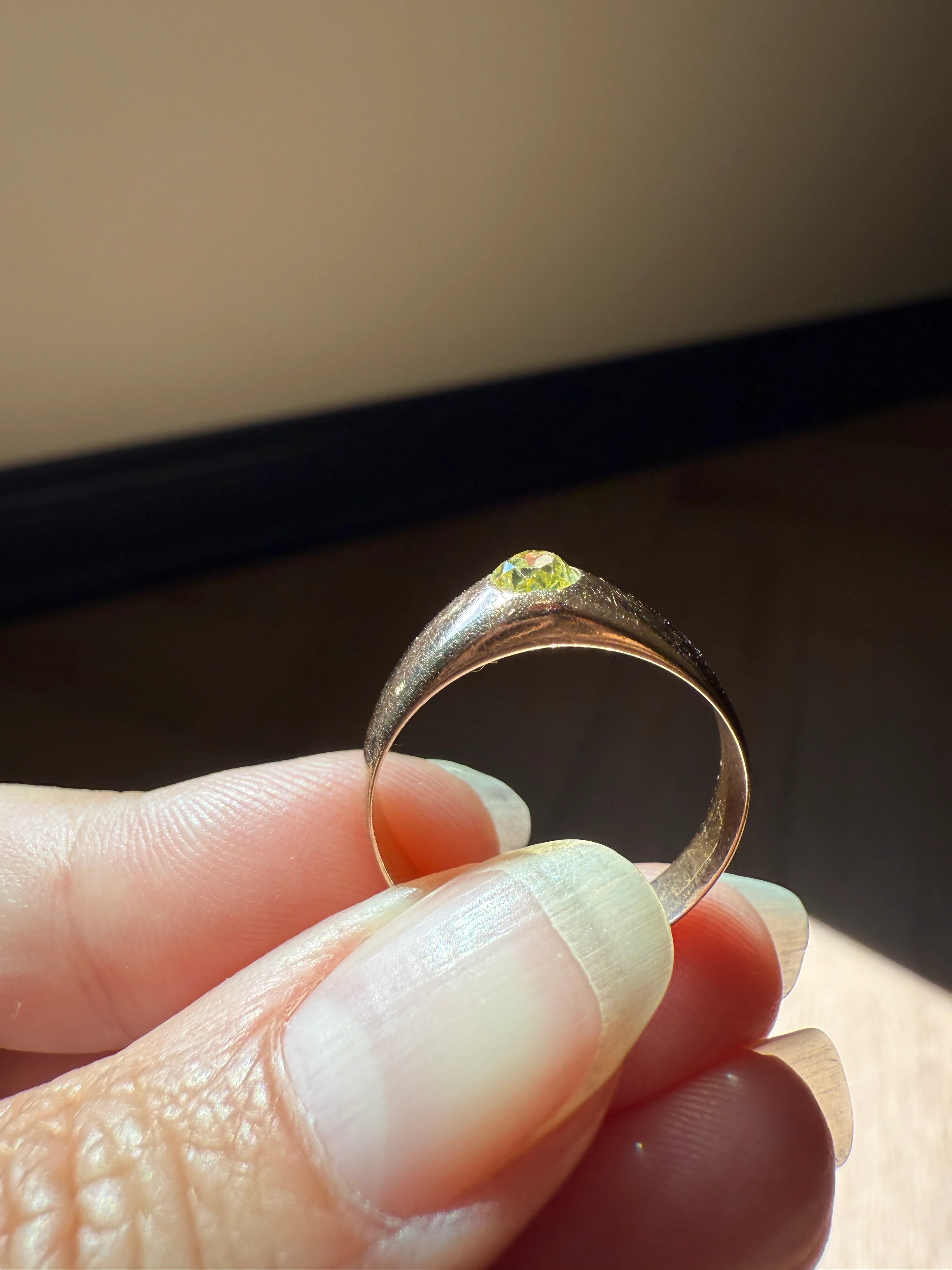 Antique Eye Clean .3 Carat Fancy Light Greenish YELLOW Old Mine Cut DIAMOND Solitaire Gypsy Ring 18k Rosy Gold Chunky Band Gift Stacker Unisex OMC - Image 12