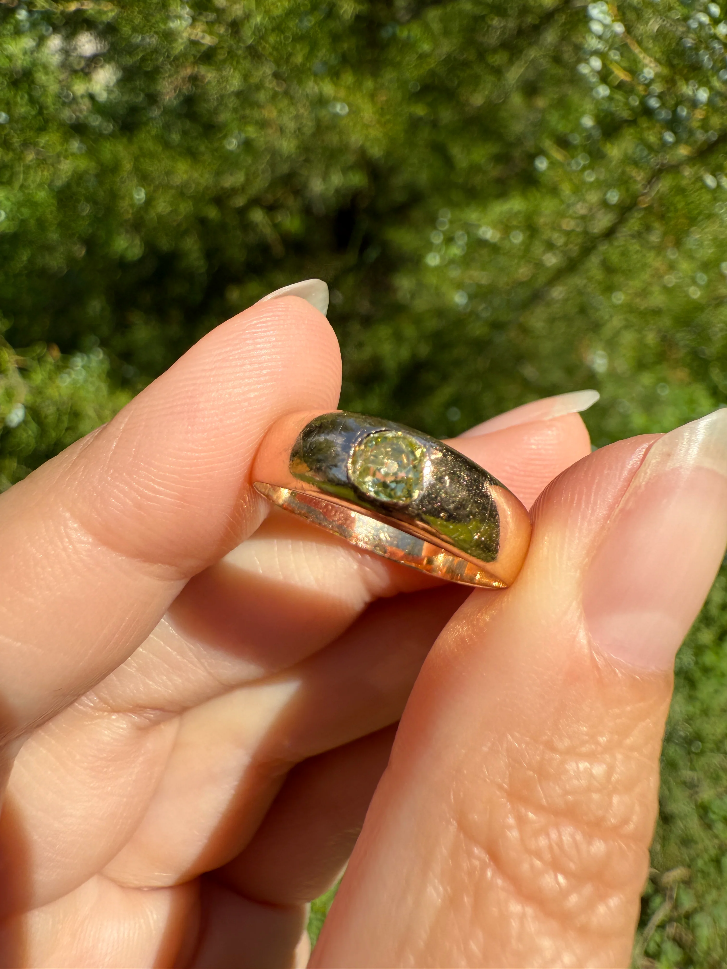 Antique Eye Clean .3 Carat Fancy Light Greenish YELLOW Old Mine Cut DIAMOND Solitaire Gypsy Ring 18k Rosy Gold Chunky Band Gift Stacker Unisex OMC - Image 13