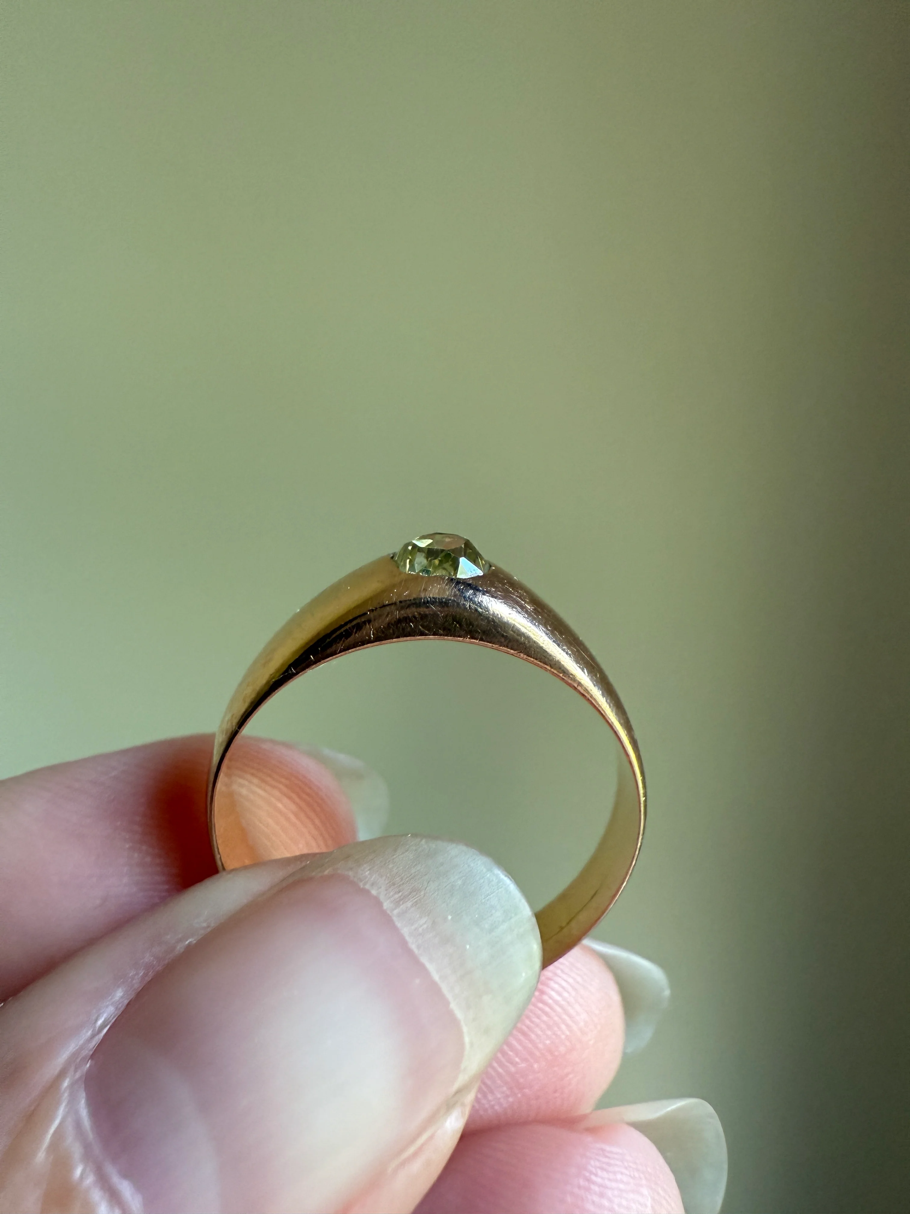 Antique Eye Clean .3 Carat Fancy Light Greenish YELLOW Old Mine Cut DIAMOND Solitaire Gypsy Ring 18k Rosy Gold Chunky Band Gift Stacker Unisex OMC - Image 14