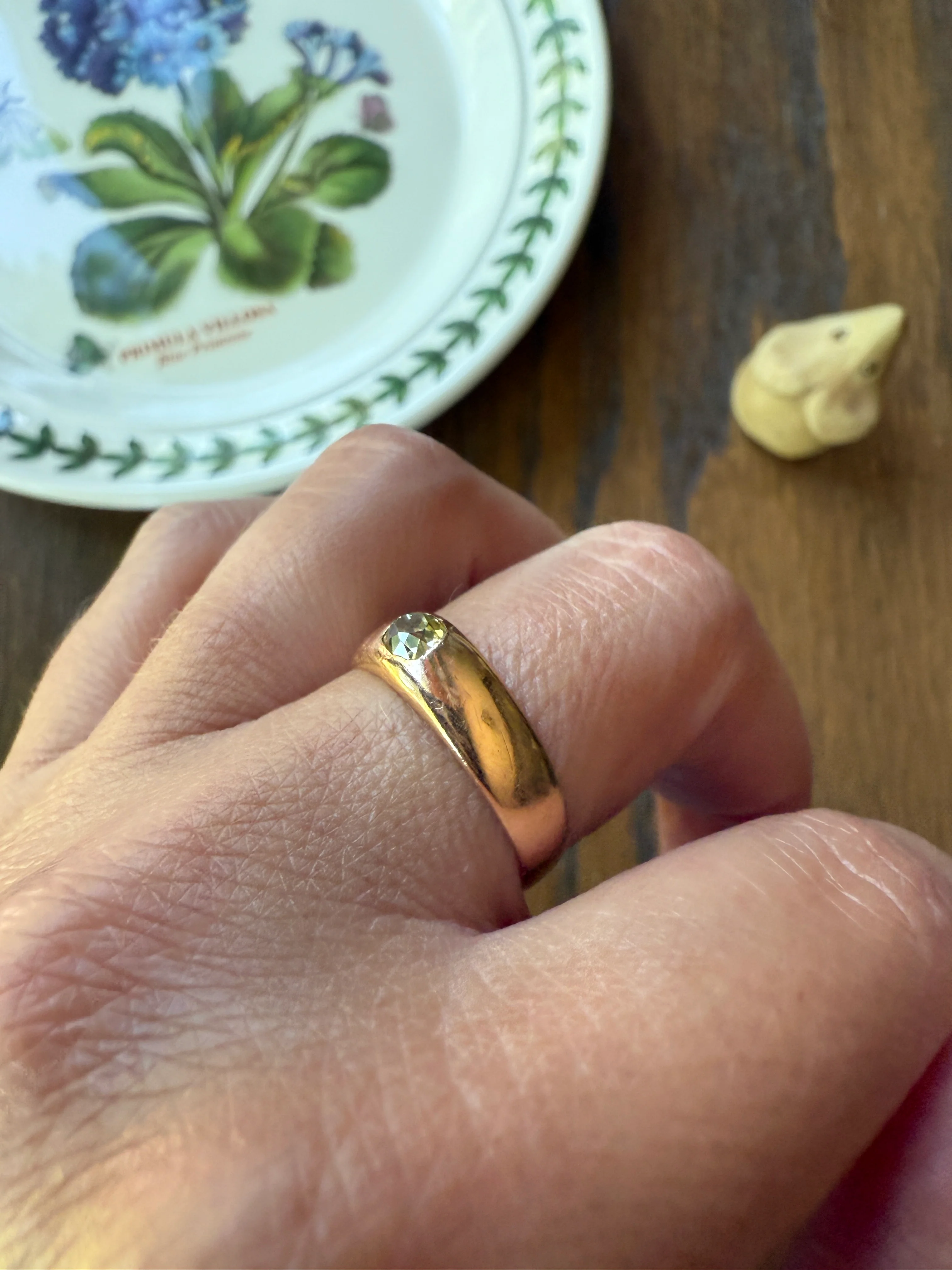 Antique Eye Clean .3 Carat Fancy Light Greenish YELLOW Old Mine Cut DIAMOND Solitaire Gypsy Ring 18k Rosy Gold Chunky Band Gift Stacker Unisex OMC - Image 16