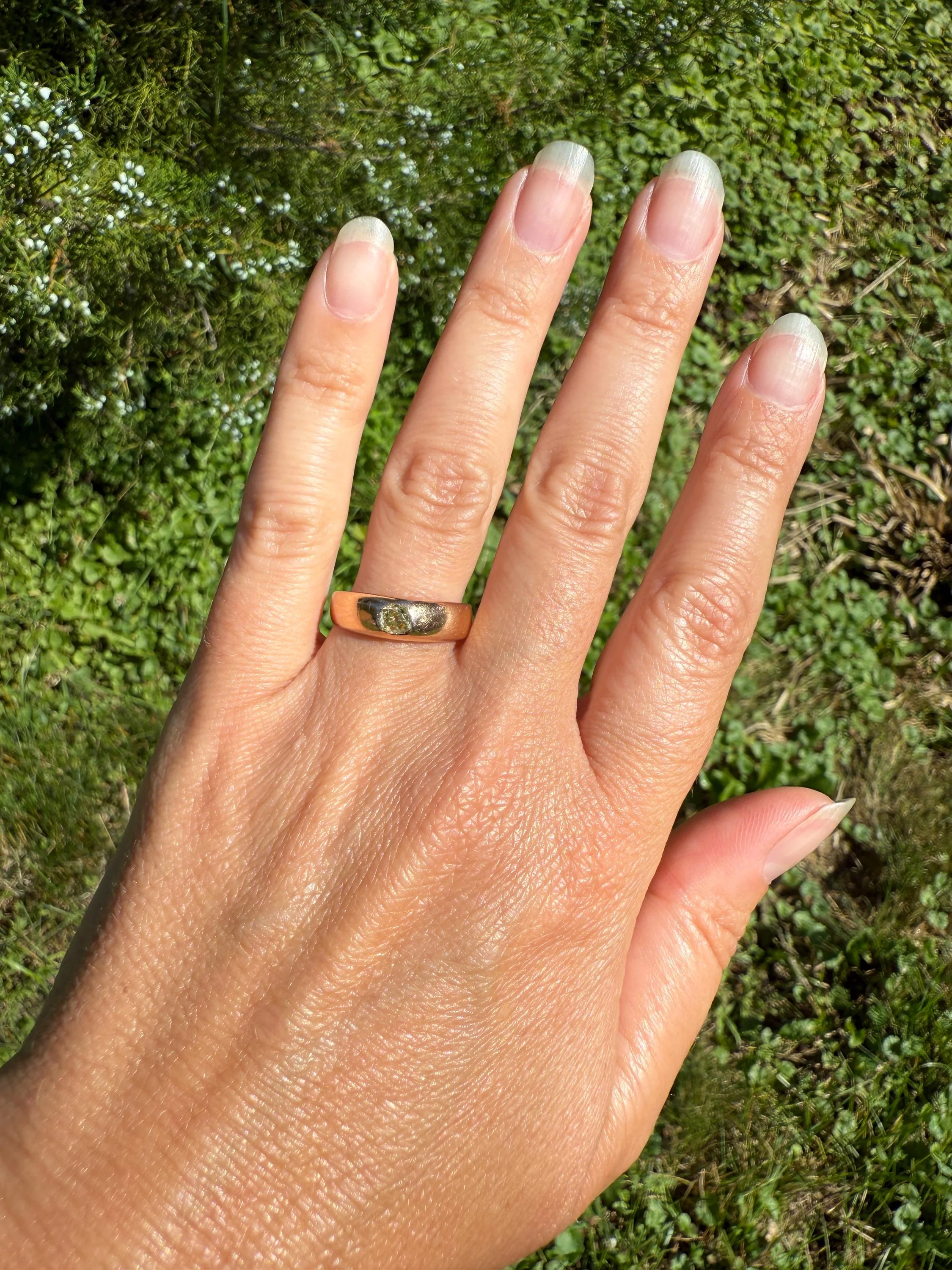 Antique Eye Clean .3 Carat Fancy Light Greenish YELLOW Old Mine Cut DIAMOND Solitaire Gypsy Ring 18k Rosy Gold Chunky Band Gift Stacker Unisex OMC - Image 2