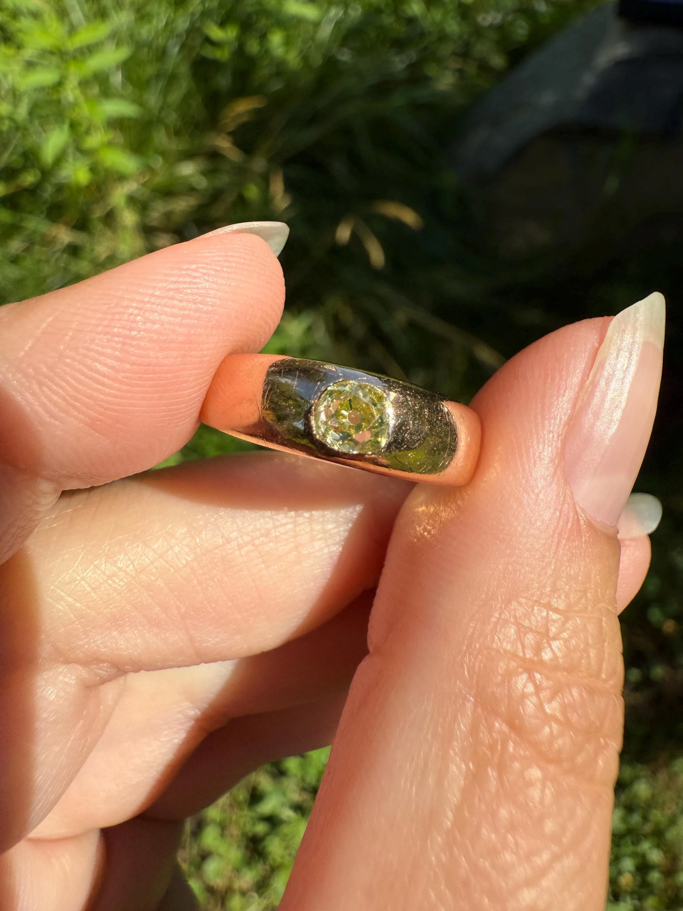 Antique Eye Clean .3 Carat Fancy Light Greenish YELLOW Old Mine Cut DIAMOND Solitaire Gypsy Ring 18k Rosy Gold Chunky Band Gift Stacker Unisex OMC - Image 3