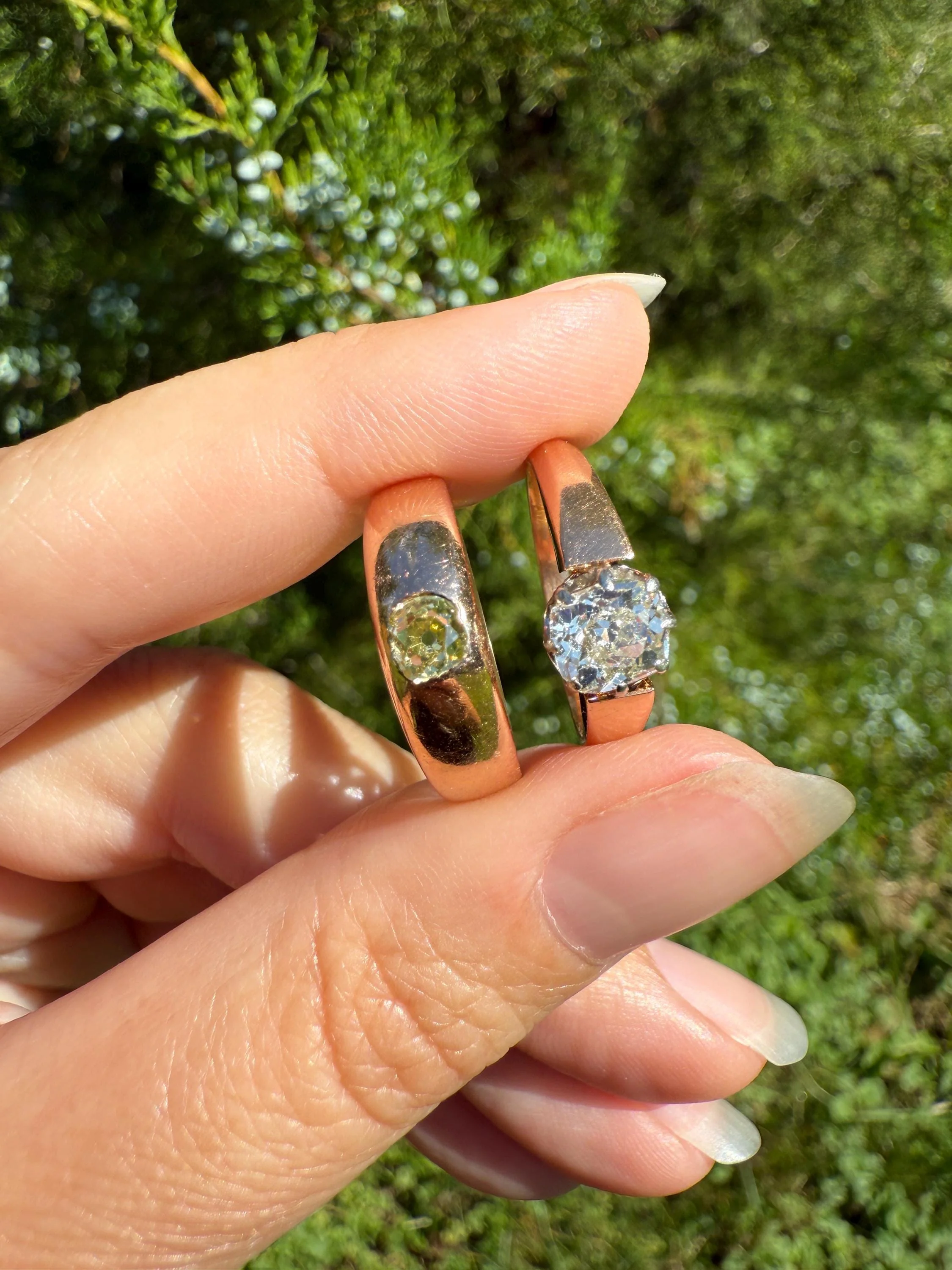 Antique Eye Clean .3 Carat Fancy Light Greenish YELLOW Old Mine Cut DIAMOND Solitaire Gypsy Ring 18k Rosy Gold Chunky Band Gift Stacker Unisex OMC - Image 4