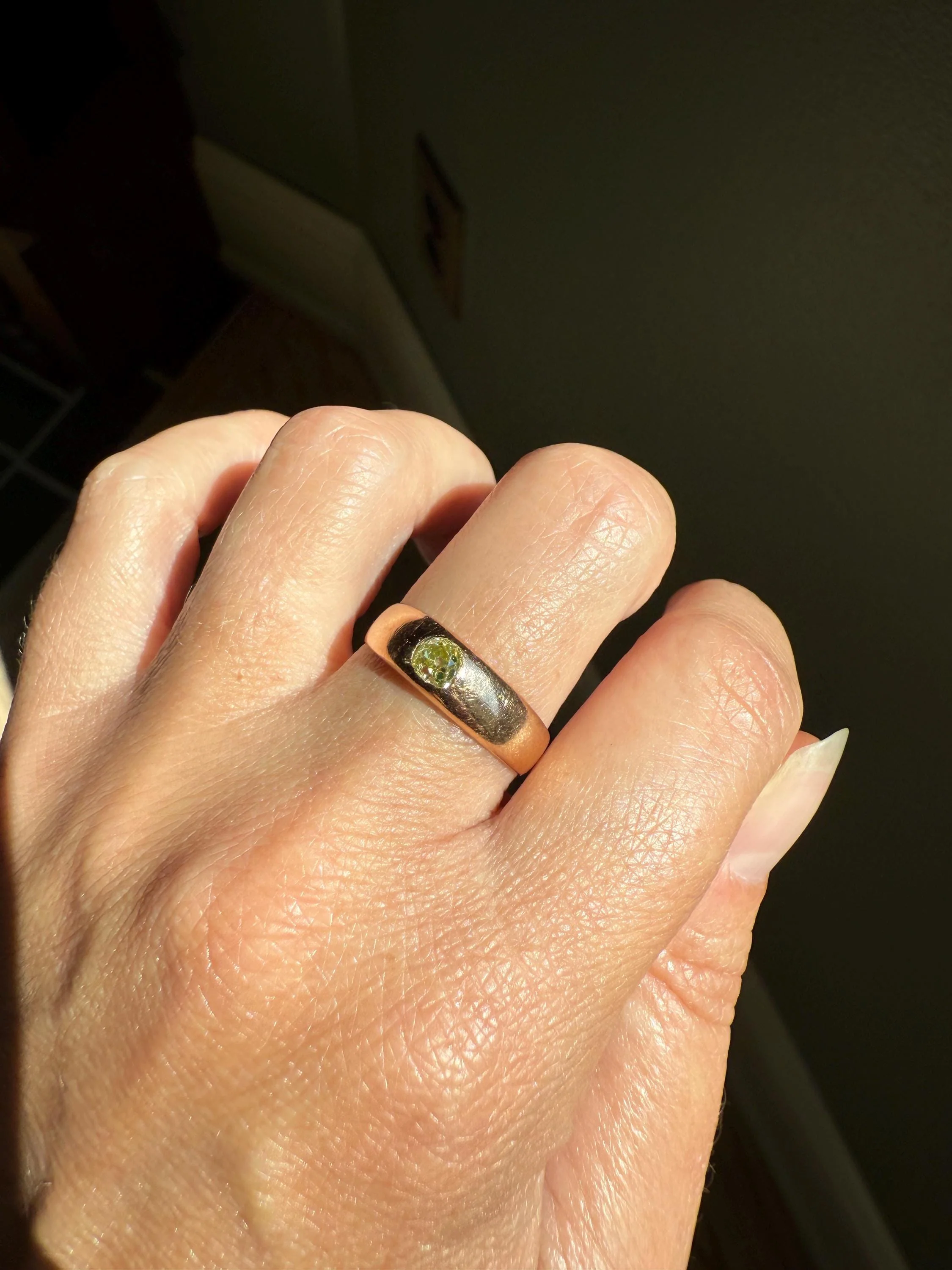 Antique Eye Clean .3 Carat Fancy Light Greenish YELLOW Old Mine Cut DIAMOND Solitaire Gypsy Ring 18k Rosy Gold Chunky Band Gift Stacker Unisex OMC - Image 5