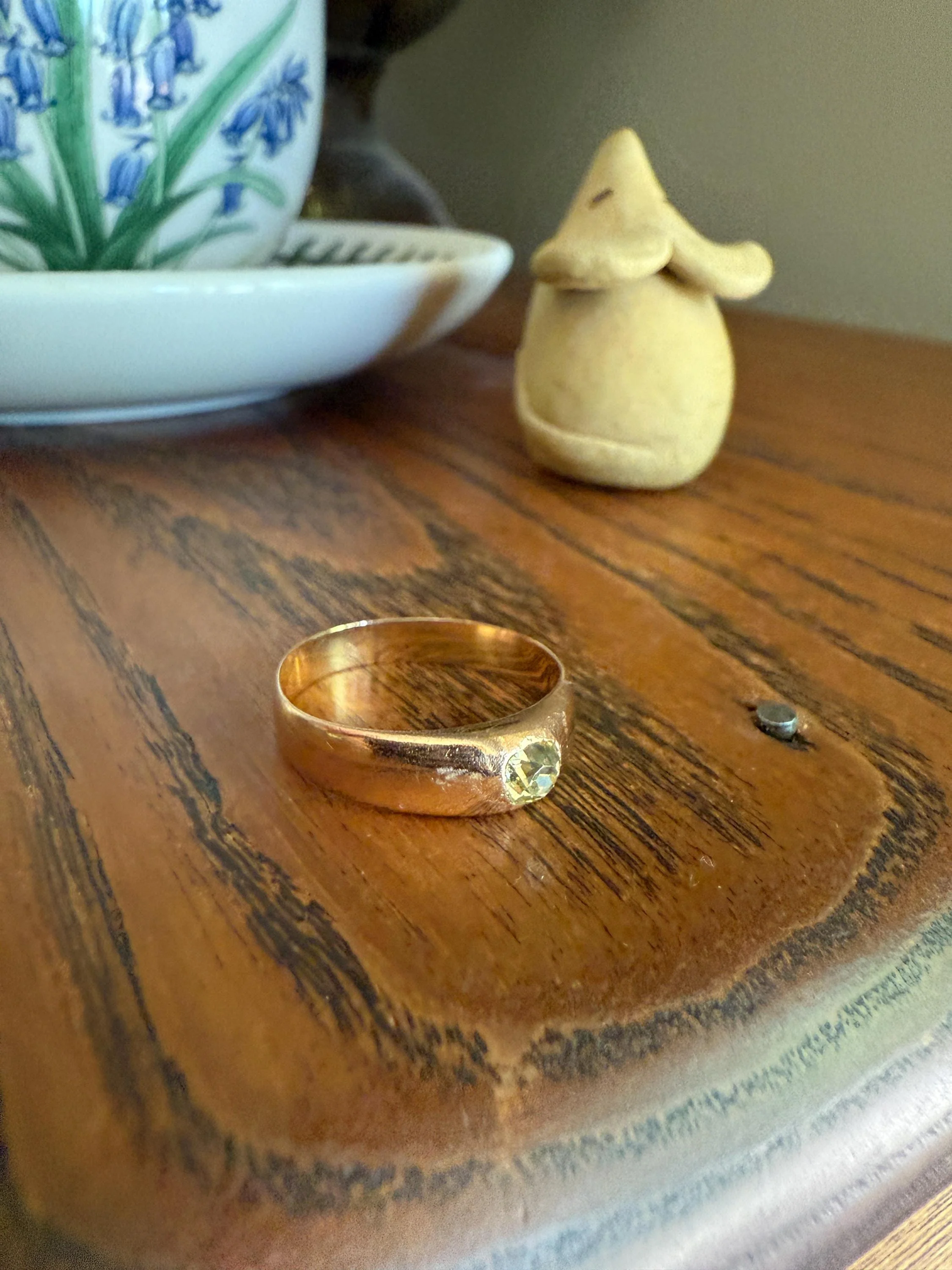 Antique Eye Clean .3 Carat Fancy Light Greenish YELLOW Old Mine Cut DIAMOND Solitaire Gypsy Ring 18k Rosy Gold Chunky Band Gift Stacker Unisex OMC - Image 6