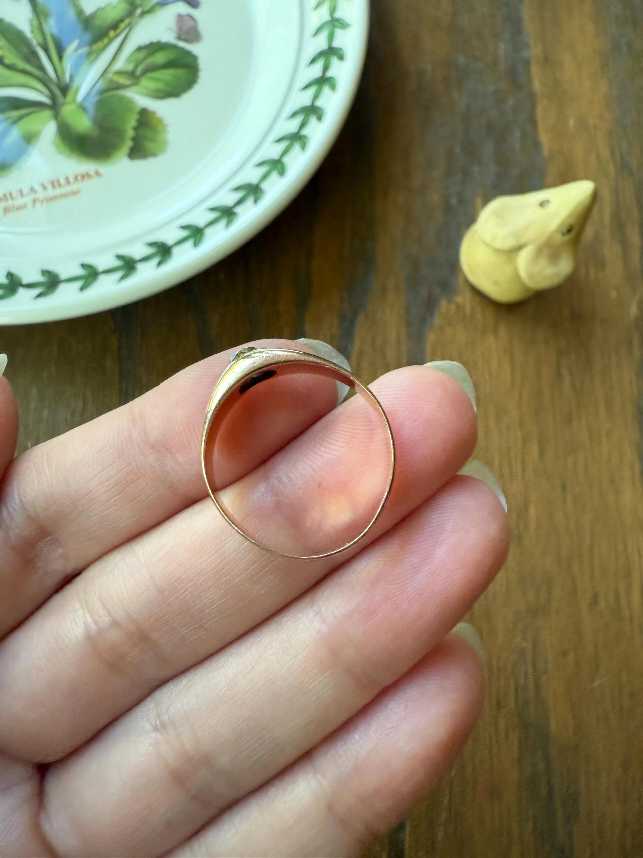 Antique Eye Clean .3 Carat Fancy Light Greenish YELLOW Old Mine Cut DIAMOND Solitaire Gypsy Ring 18k Rosy Gold Chunky Band Gift Stacker Unisex OMC - Image 9