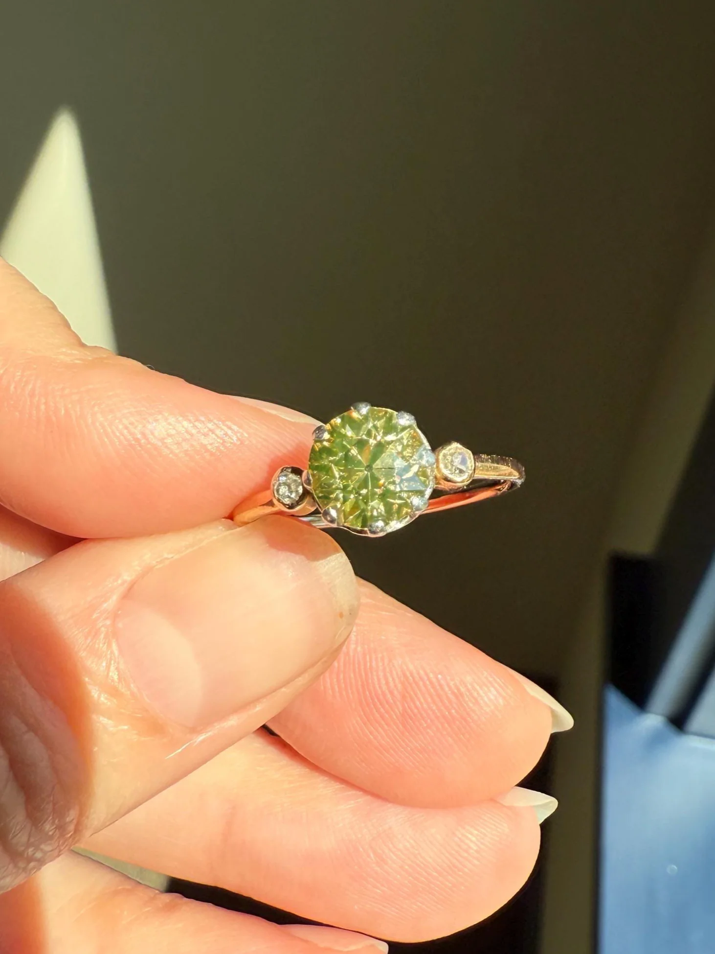 Antique Eye Clean Color Change 1.5 Carat Antique Fancy Champagne Green Yellow Old Mine Cut DIAMOND Solitaire Ring Three Stone 18k Gold