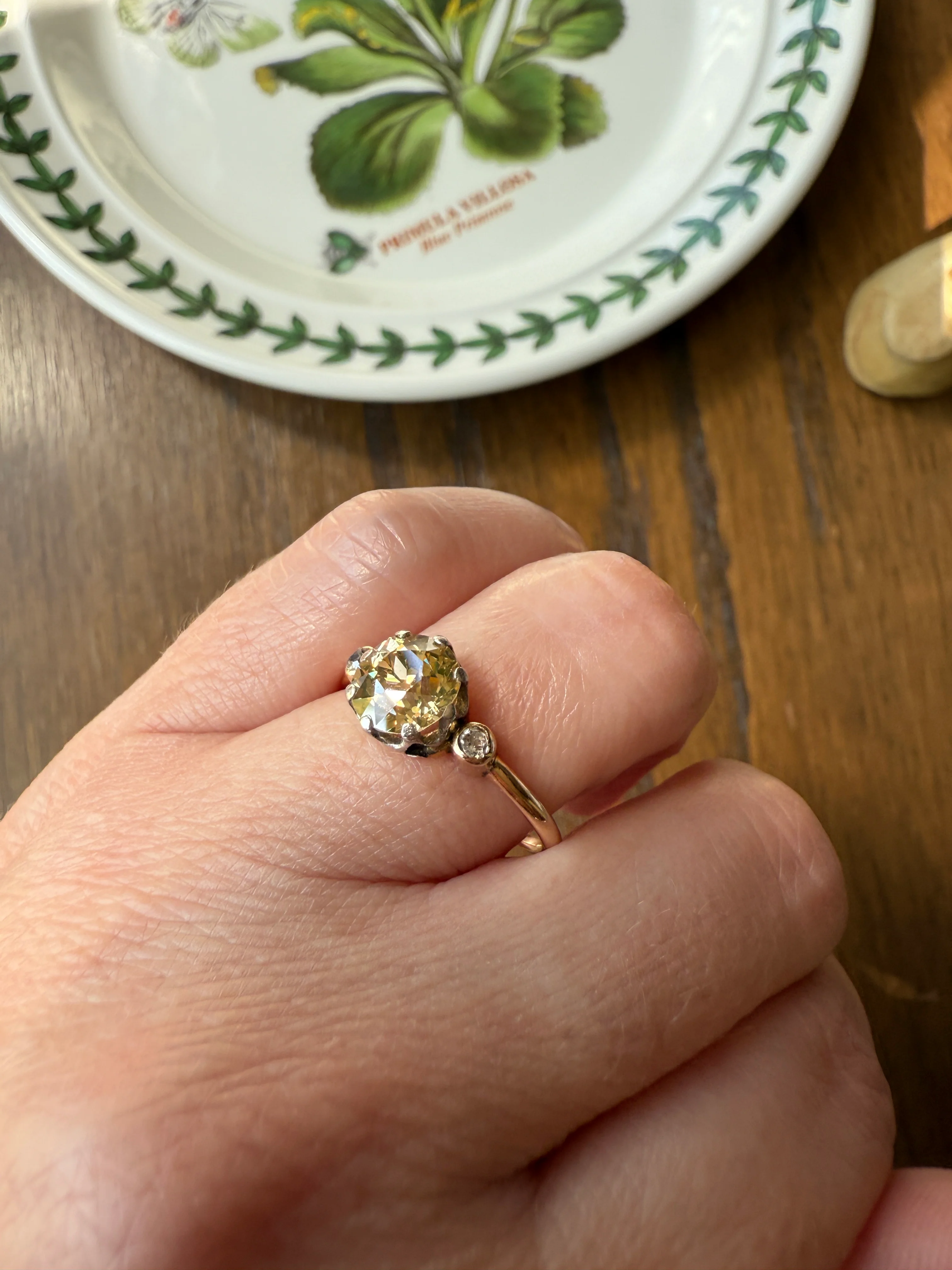 Antique Eye Clean Color Change 1.5 Carat Antique Fancy Champagne Green Yellow Old Mine Cut DIAMOND Solitaire Ring Three Stone 18k Gold - Image 18