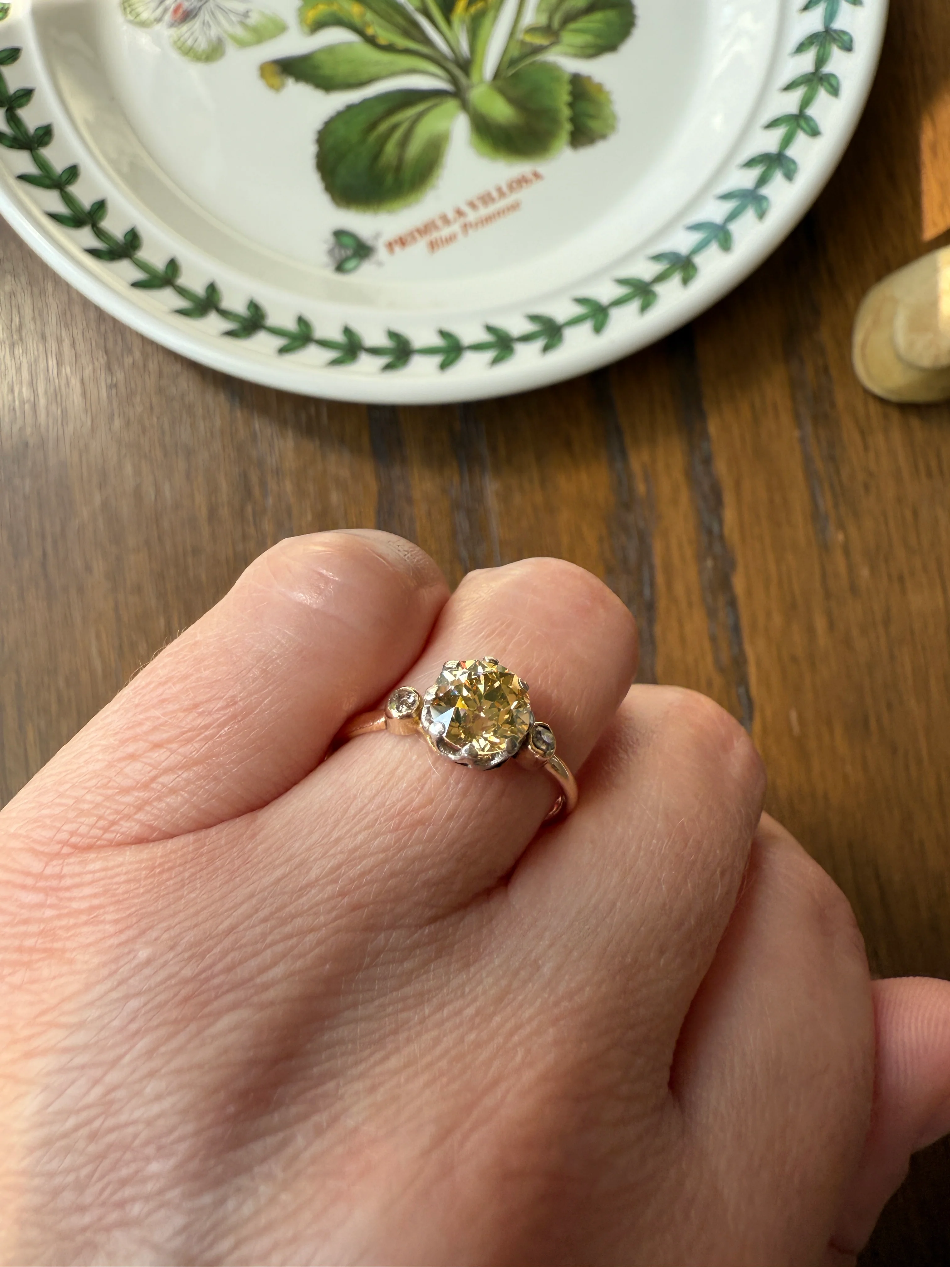 Antique Eye Clean Color Change 1.5 Carat Antique Fancy Champagne Green Yellow Old Mine Cut DIAMOND Solitaire Ring Three Stone 18k Gold - Image 19
