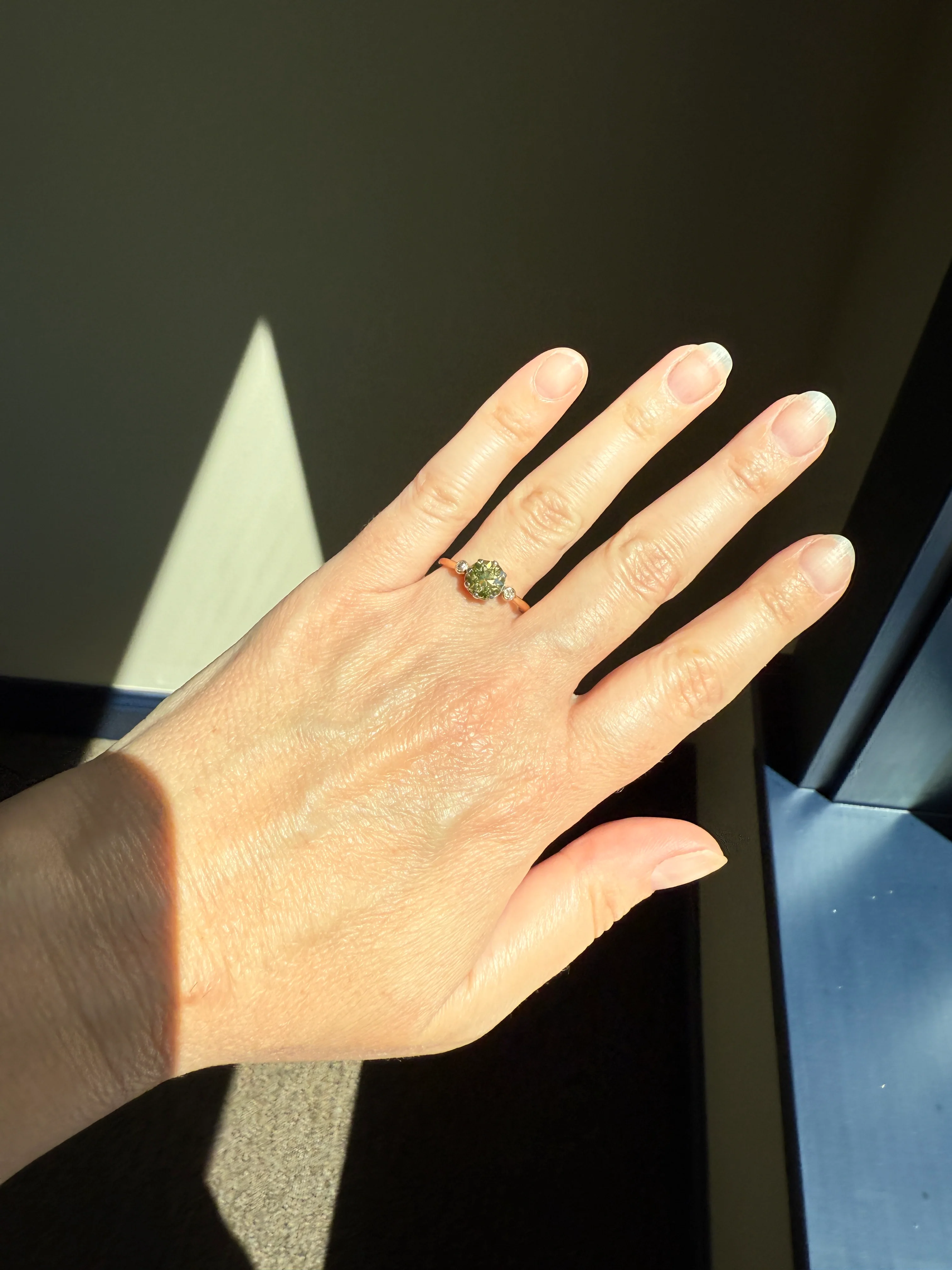 Antique Eye Clean Color Change 1.5 Carat Antique Fancy Champagne Green Yellow Old Mine Cut DIAMOND Solitaire Ring Three Stone 18k Gold - Image 25