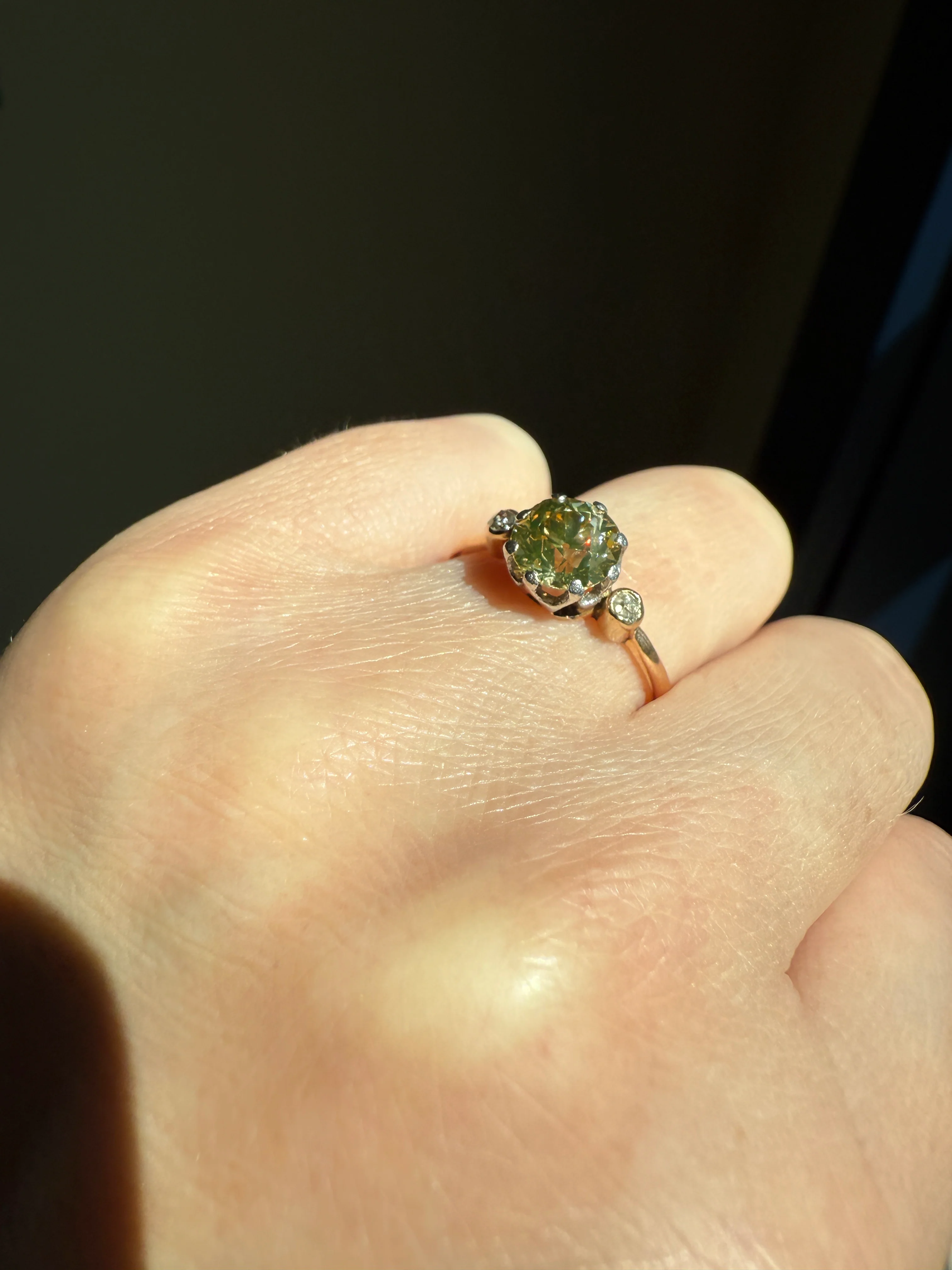 Antique Eye Clean Color Change 1.5 Carat Antique Fancy Champagne Green Yellow Old Mine Cut DIAMOND Solitaire Ring Three Stone 18k Gold - Image 26