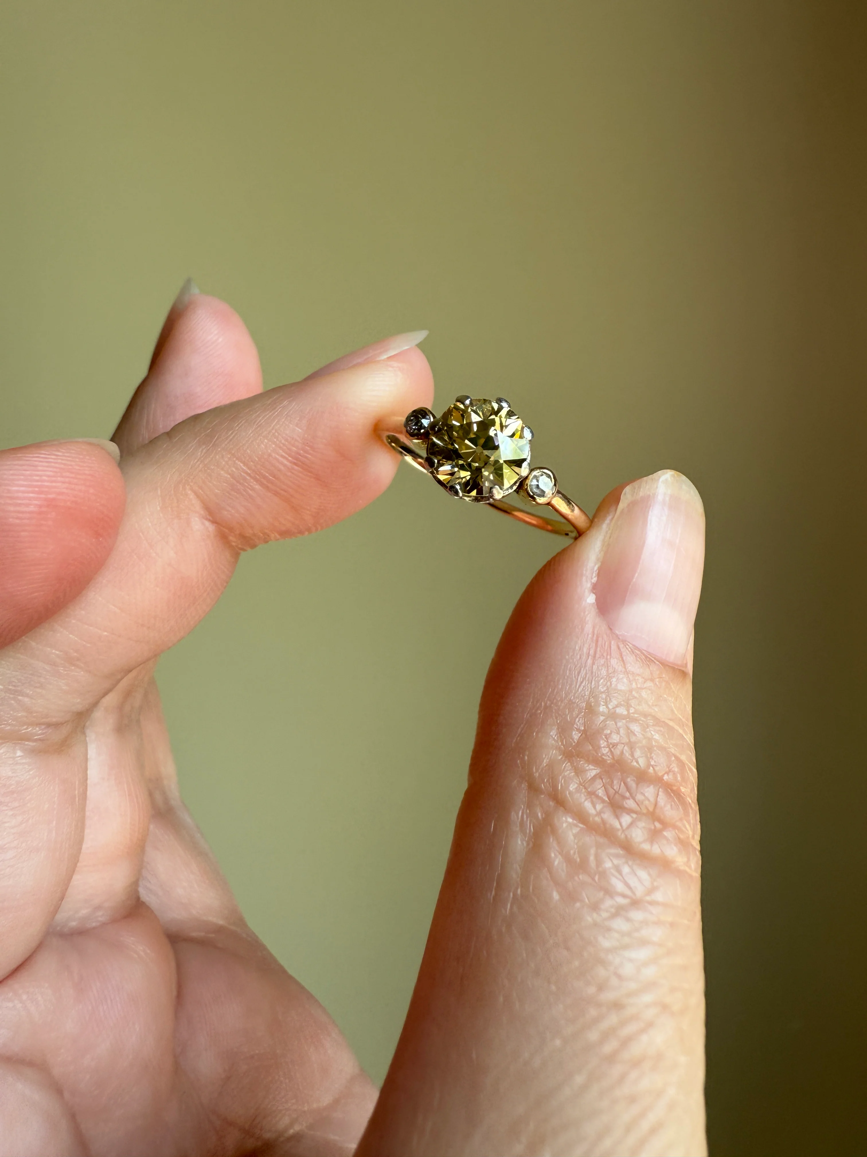 Antique Eye Clean Color Change 1.5 Carat Antique Fancy Champagne Green Yellow Old Mine Cut DIAMOND Solitaire Ring Three Stone 18k Gold - Image 27