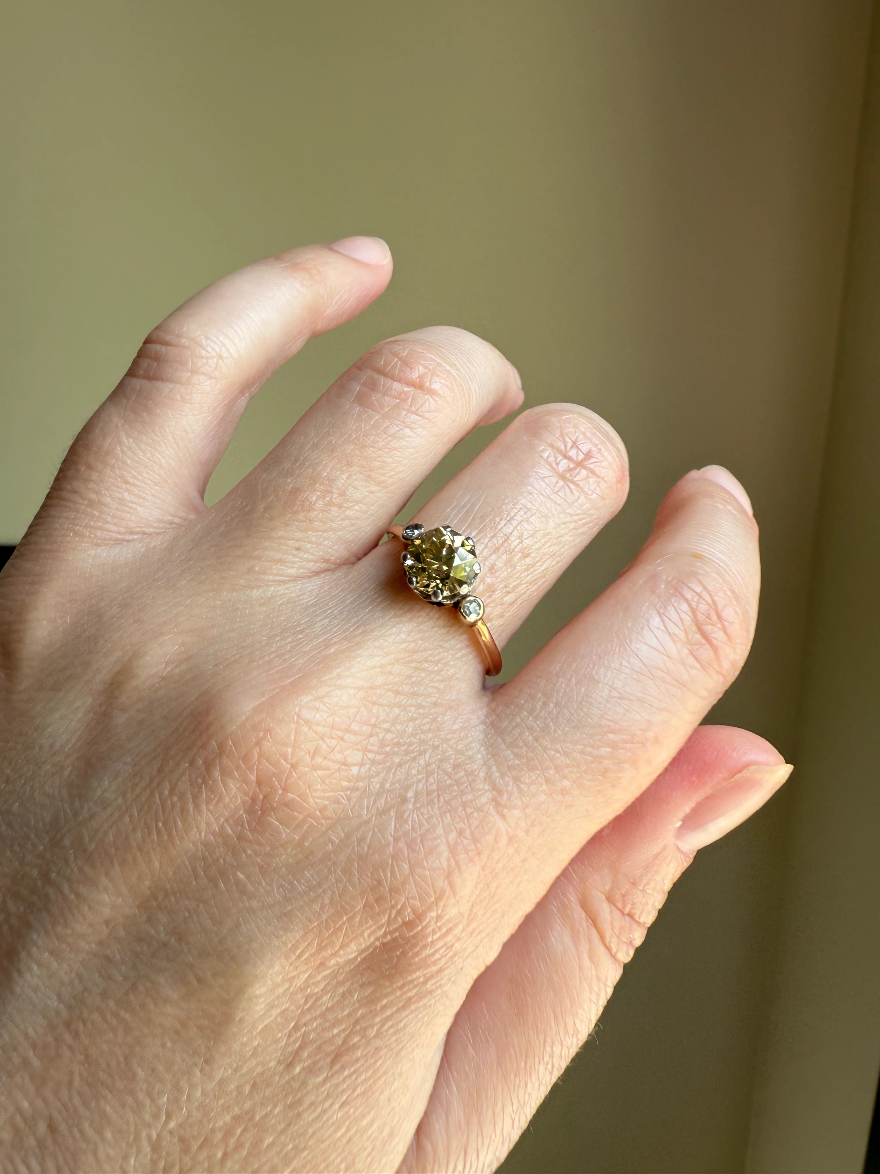 Antique Eye Clean Color Change 1.5 Carat Antique Fancy Champagne Green Yellow Old Mine Cut DIAMOND Solitaire Ring Three Stone 18k Gold - Image 28