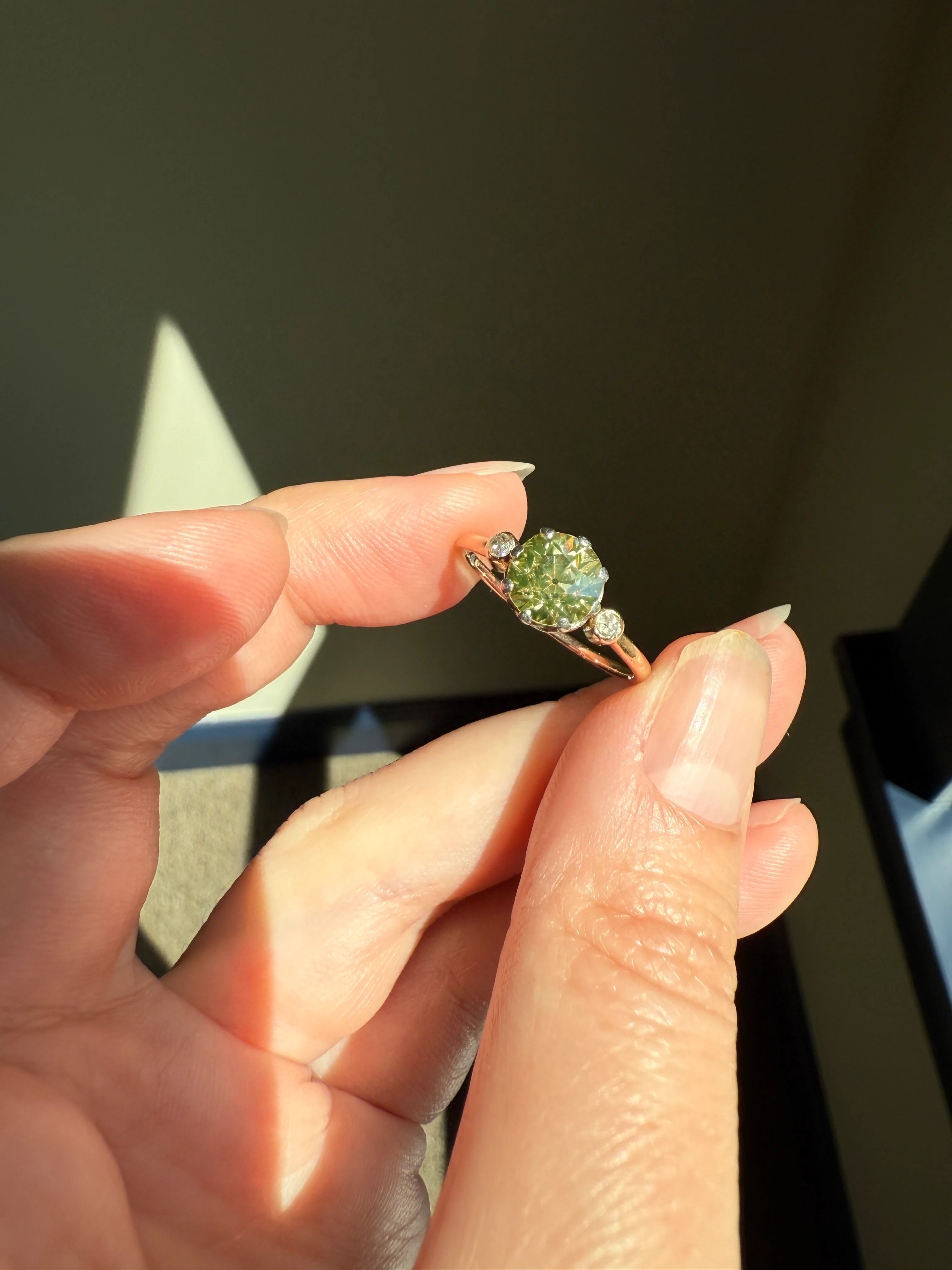 Antique Eye Clean Color Change 1.5 Carat Antique Fancy Champagne Green Yellow Old Mine Cut DIAMOND Solitaire Ring Three Stone 18k Gold - Image 29